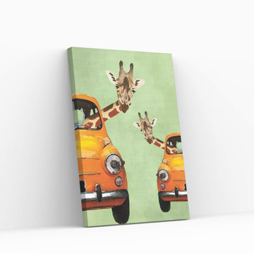 Giraffes In Yellow Cars Canvas Wall Art - Y Canvas