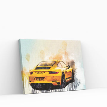 Porsche 911 Carrera T 2018 Yellow Sports Coupe Rear View Sports Car German Sports Cars Canvas Wall Art - Y Canvas