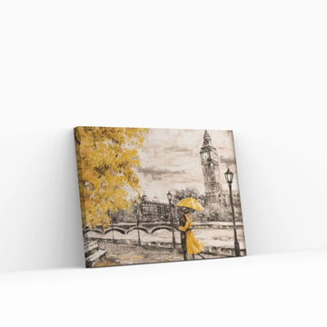 England Bridge illustration Man and woman under Yellow umbrella photo London street Oil painting Canvas Wall Art - Y Canvas