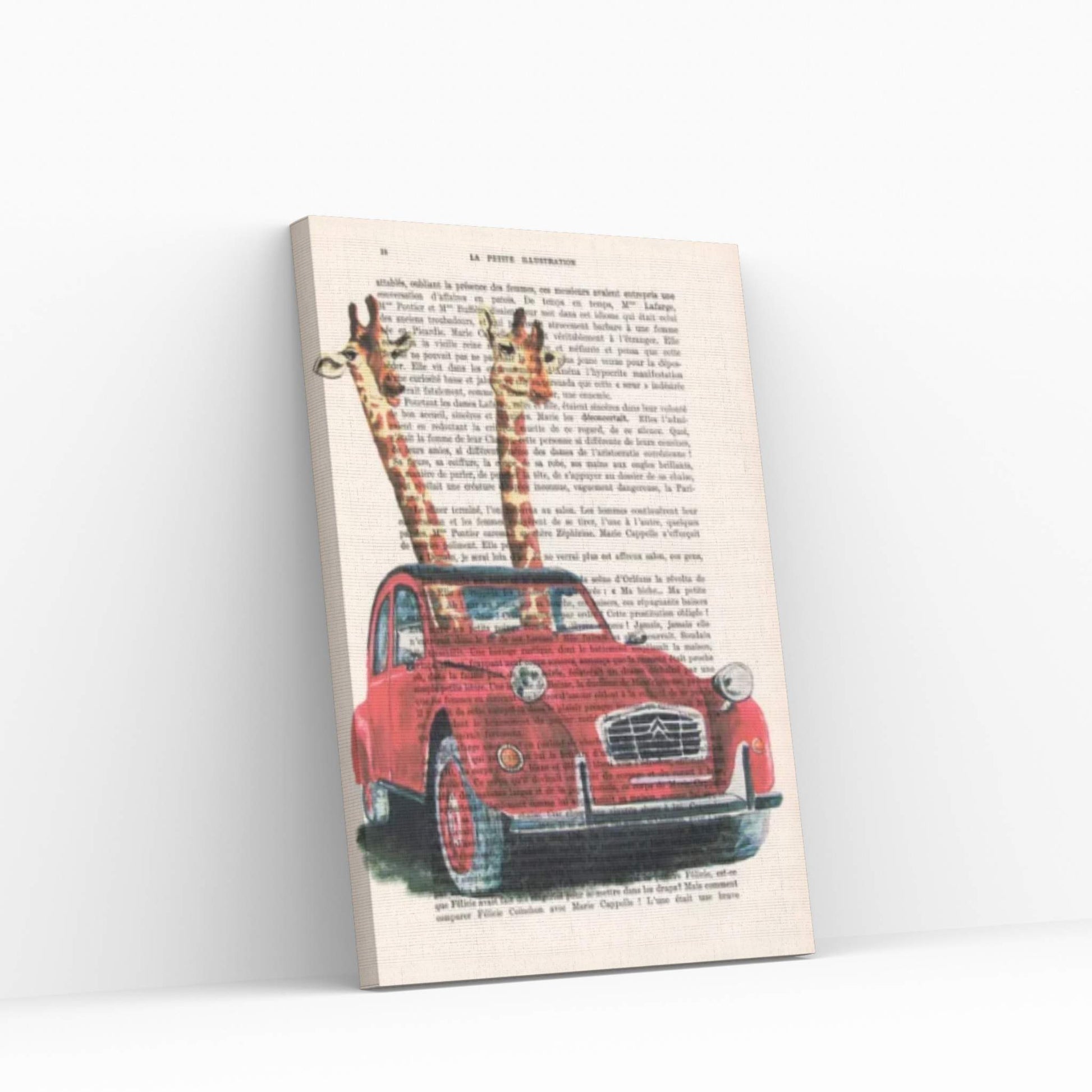 Giraffes In French Red Car Canvas Wall Art - Y Canvas