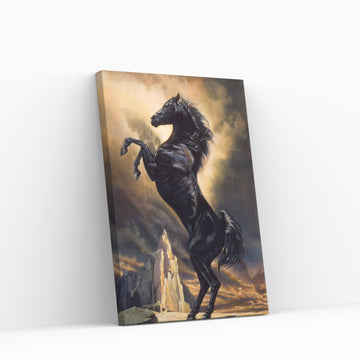Midnight Majesty: The Rearing Black Stallion Canvas Wall Art - Y Canvas