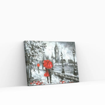 England Bridge illustration Man and woman under red umbrella photo London street Oil painting Canvas Wall Art - Y Canvas