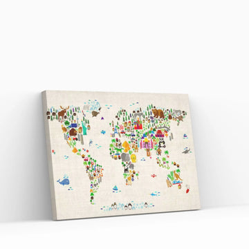 Animal Map of The World Canvas Wall Art - Y Canvas