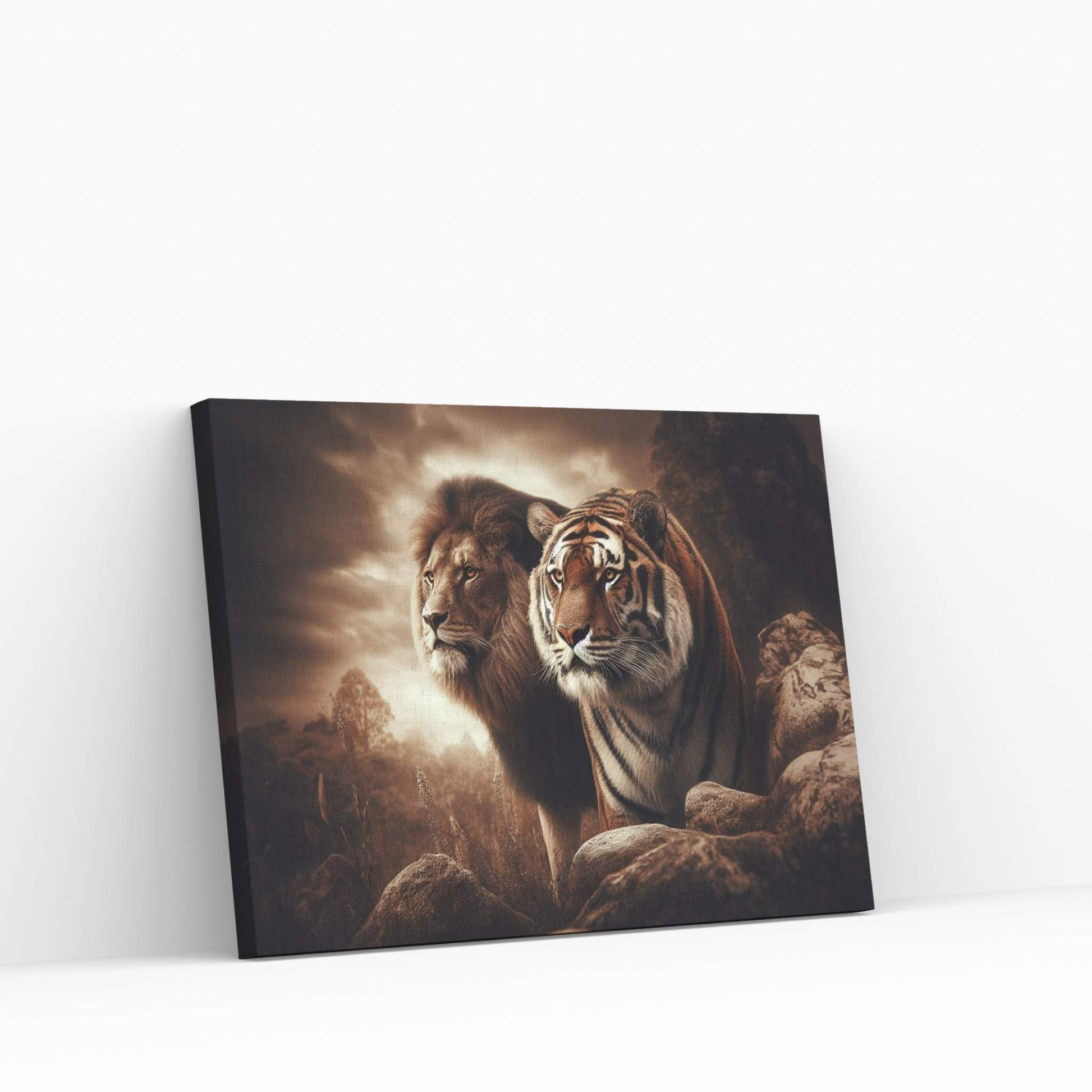 Lion and Tiger Couple Canvas Print Art,Animal Wall Art, Canvas Wall Art - Y Canvas