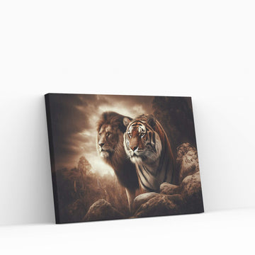 Lion and Tiger Couple Canvas Print Art,Animal Wall Art, Canvas Wall Art - Y Canvas