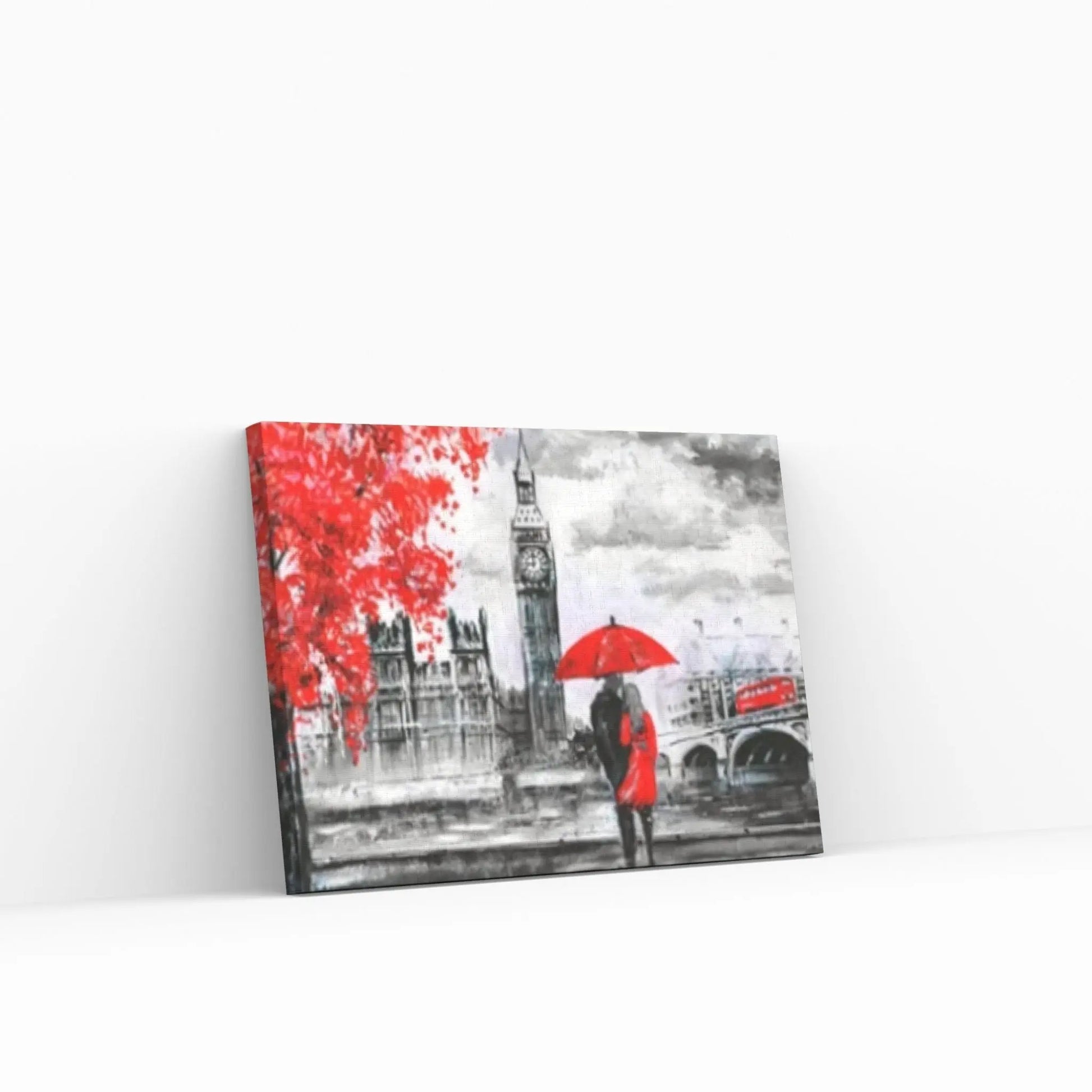 England Bridge illustration Man and woman under red umbrella photo London street Oil painting Canvas Wall Art - Y Canvas