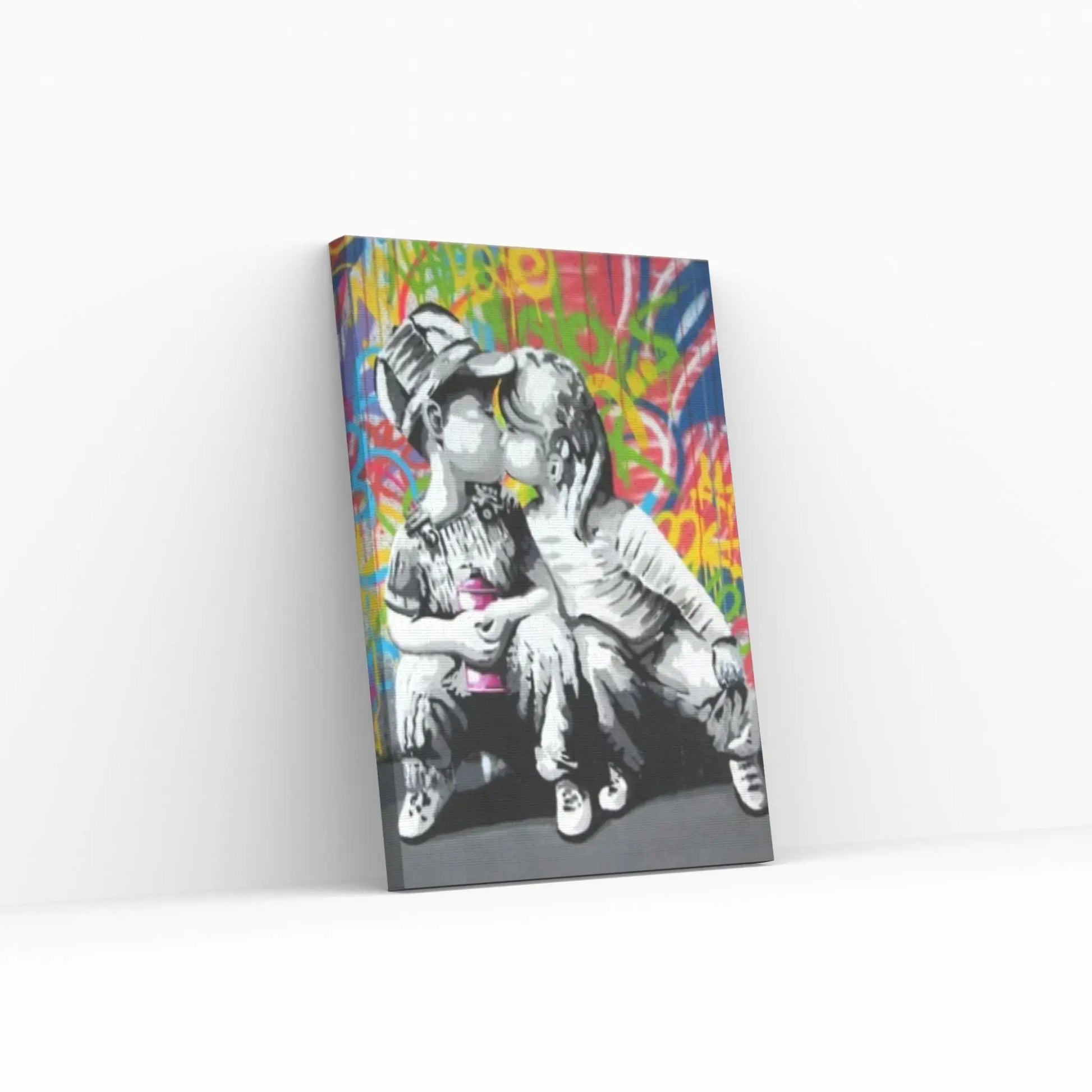 Banksy Art Canvas-Banksy Graffiti "Kids Sweet Kiss" Street Art Canvas Wall Art Poster Print Home Decor - Y Canvas