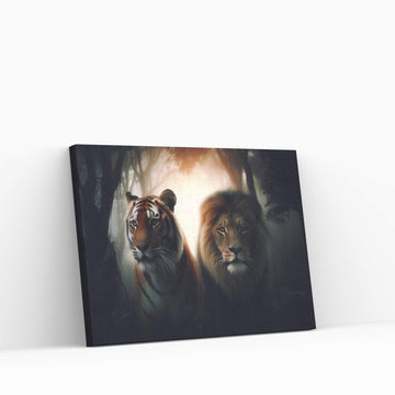 Lion and Tiger Couple Canvas Print Art,Animal Wall Art, Canvas Wall Art - Y Canvas