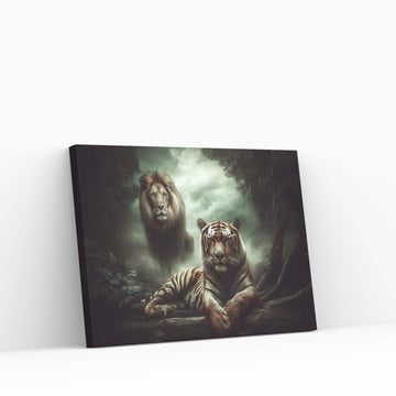 Lion and Tiger Couple Canvas Print Art,Animal Wall Art, Canvas Wall Art - Y Canvas