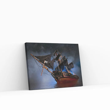 Large Dark Sea Pirates Ship Canvas Wall Art, Pirates Canvas Wall Print, Corsair on Sea Wall Hangings, Dark Colours Boat Room Decor - Y Canvas
