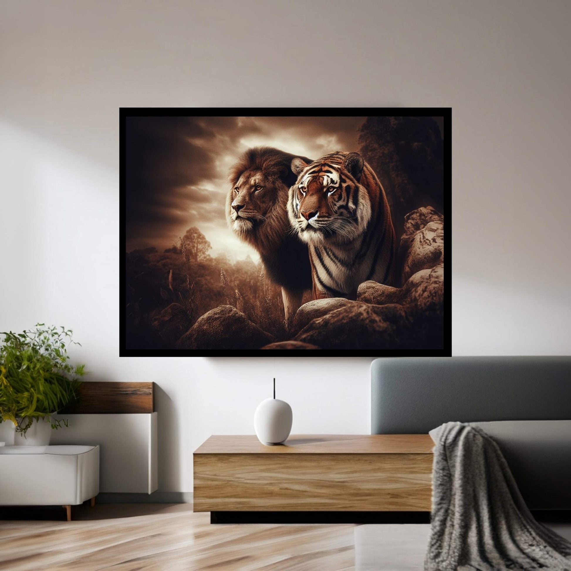 Lion and Tiger Couple Canvas Print Art,Animal Wall Art, Canvas Wall Art - Y Canvas