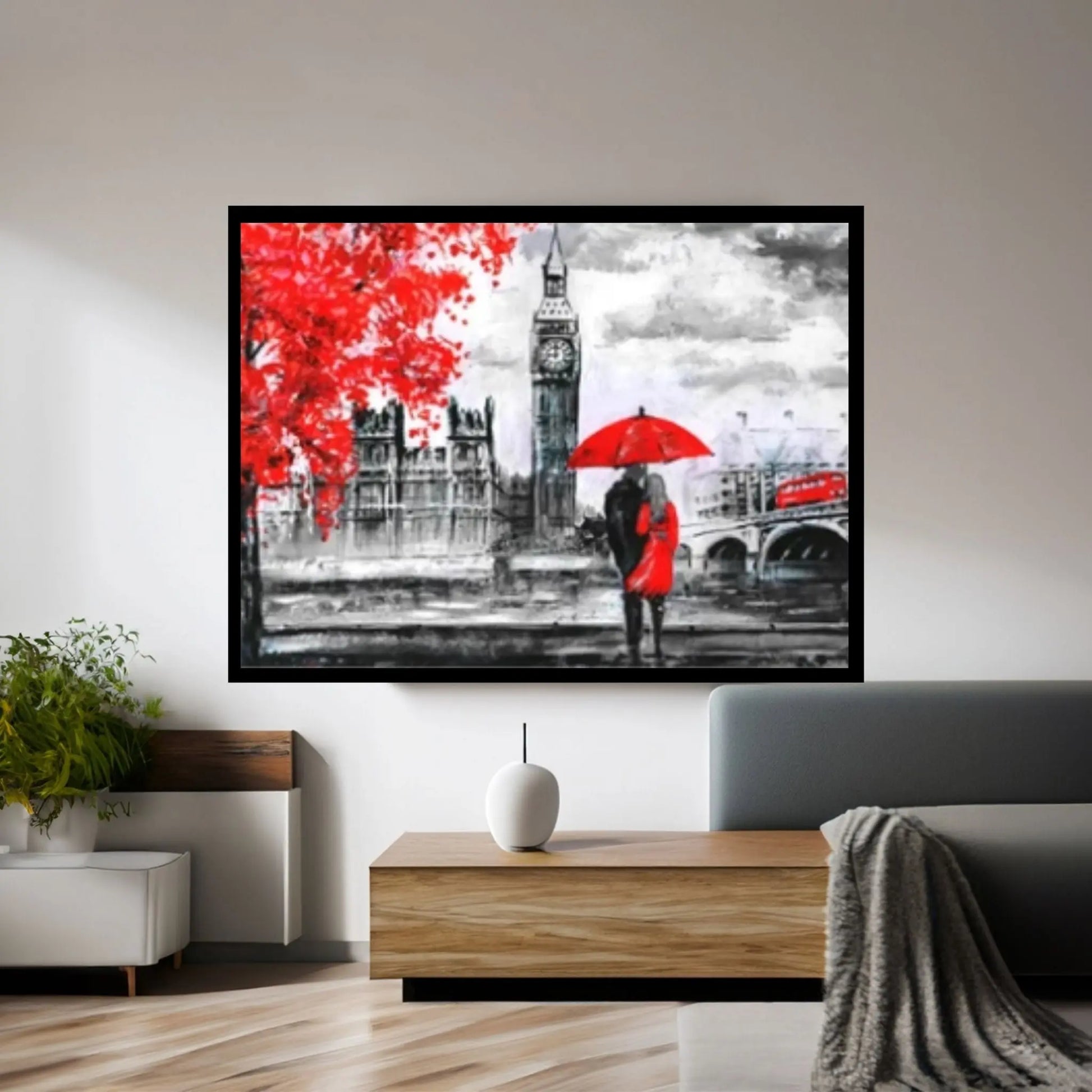 England Bridge illustration Man and woman under red umbrella photo London street Oil painting Canvas Wall Art - Y Canvas
