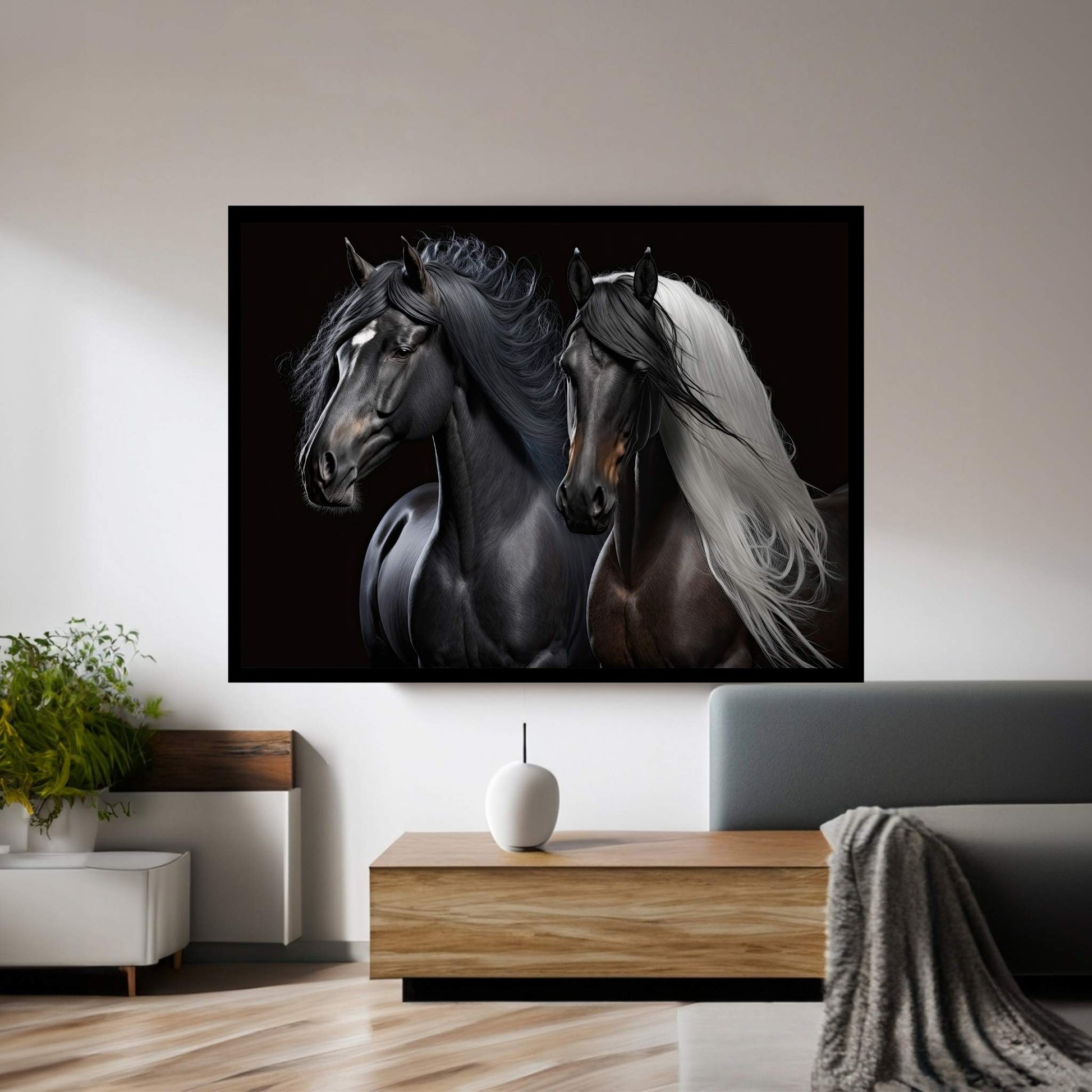 Brown and Black Horse Double Horse Canvas Wall Art Animal Art - Y Canvas