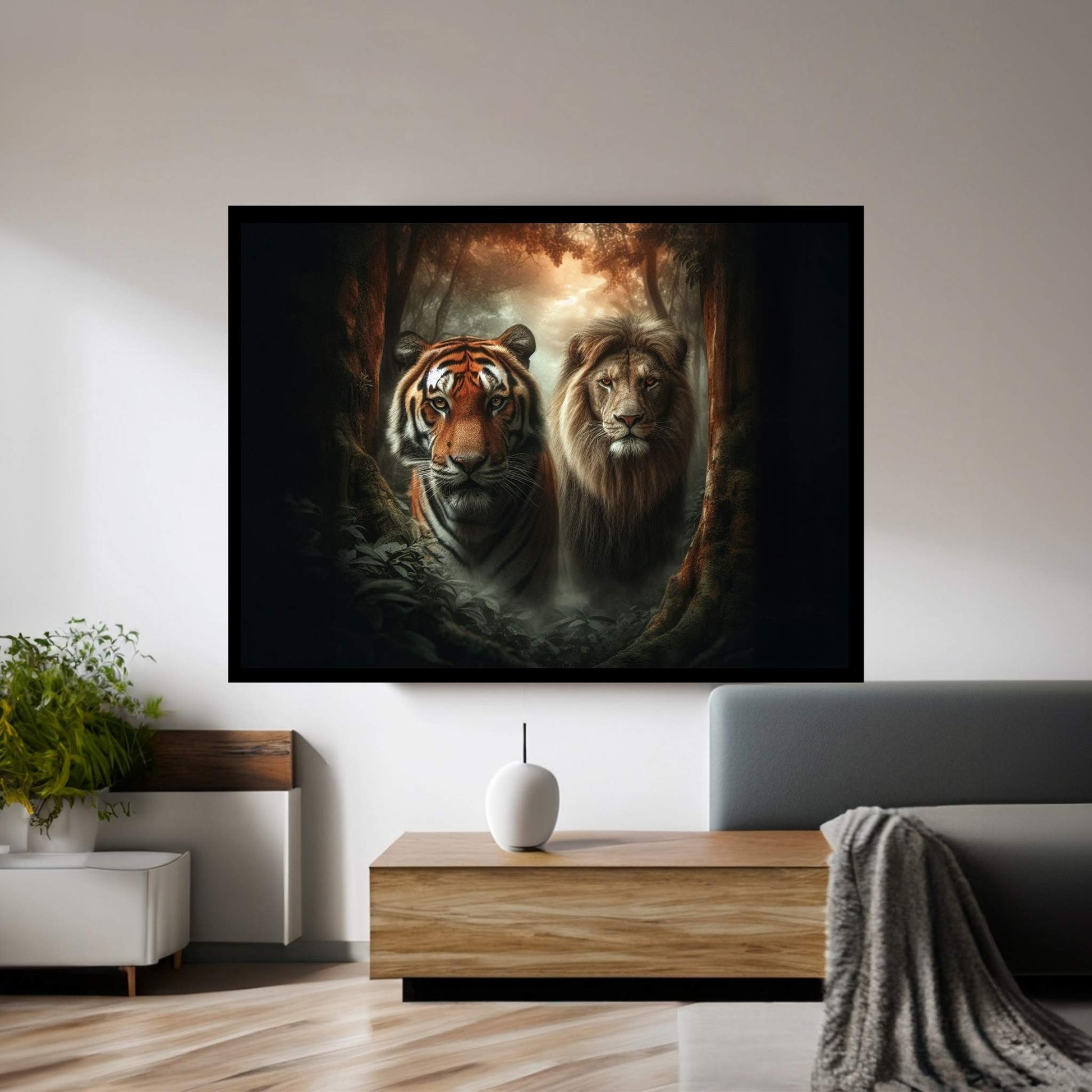 Lion and Tiger Couple Canvas Print Art,Animal Wall Art, Canvas Wall Art - Y Canvas