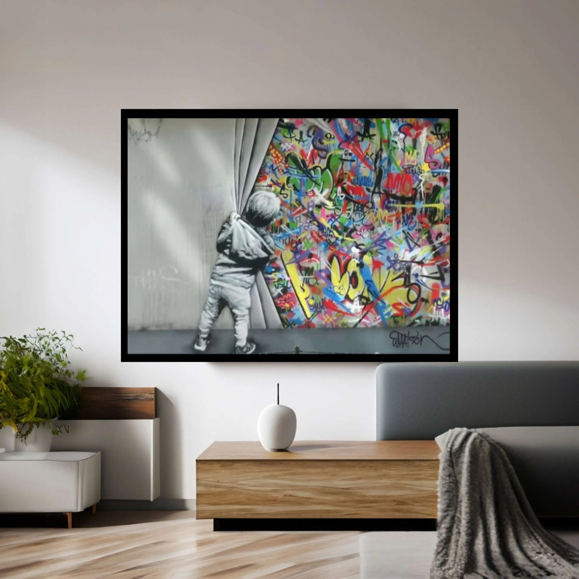 Large Behind the Curtain, Kids Wall Decor,Canvas Art Print , Urban Style Canvas, Child Graffiti - Y Canvas