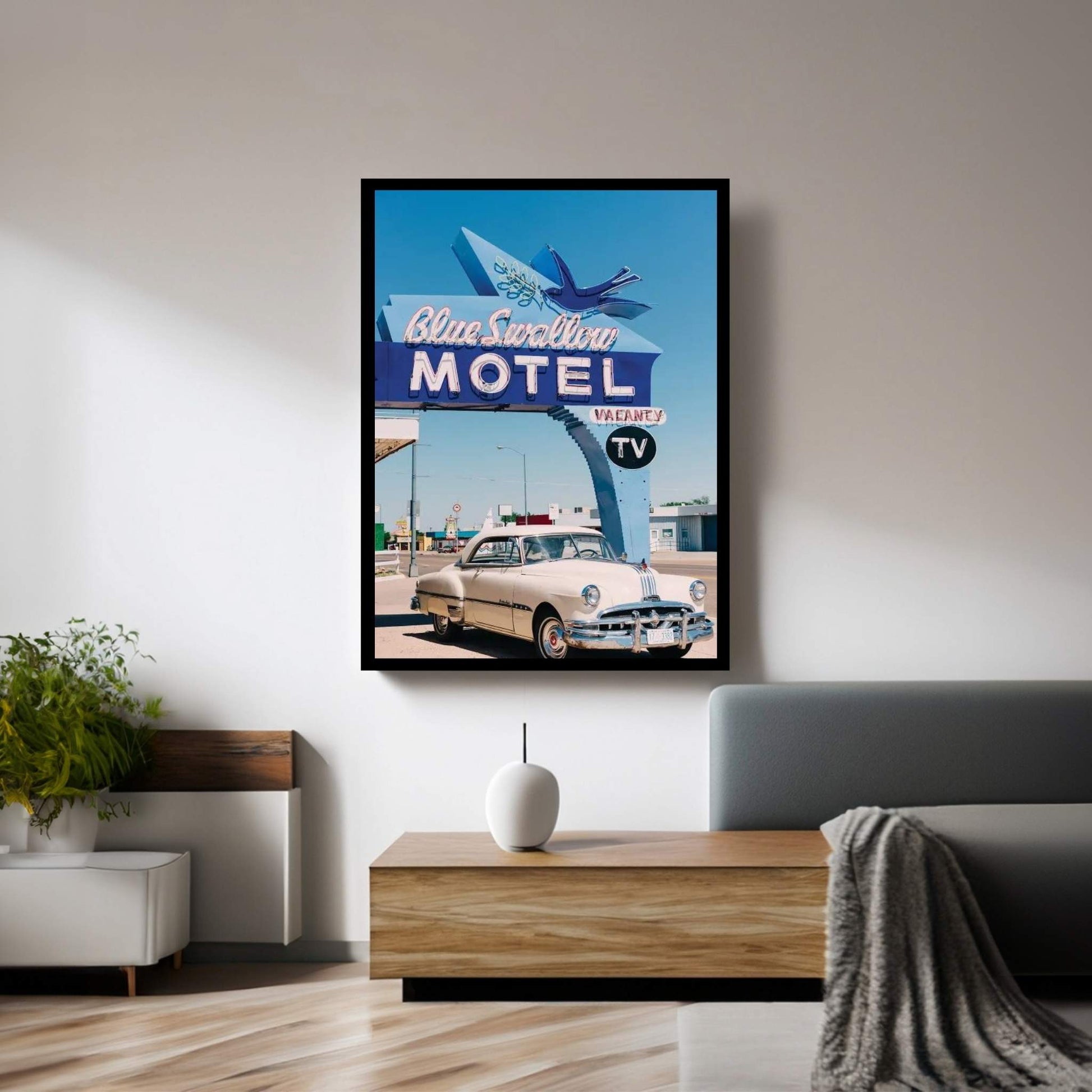 Blue Swallow Motel Canvas Wall Art - Y Canvas