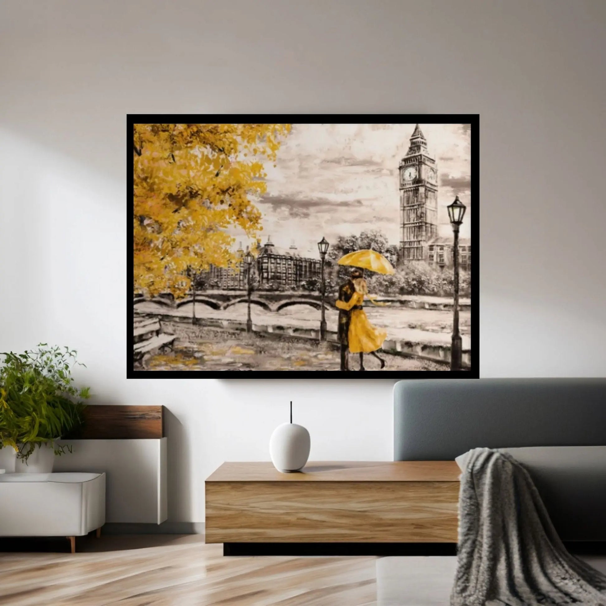 England Bridge illustration Man and woman under Yellow umbrella photo London street Oil painting Canvas Wall Art - Y Canvas