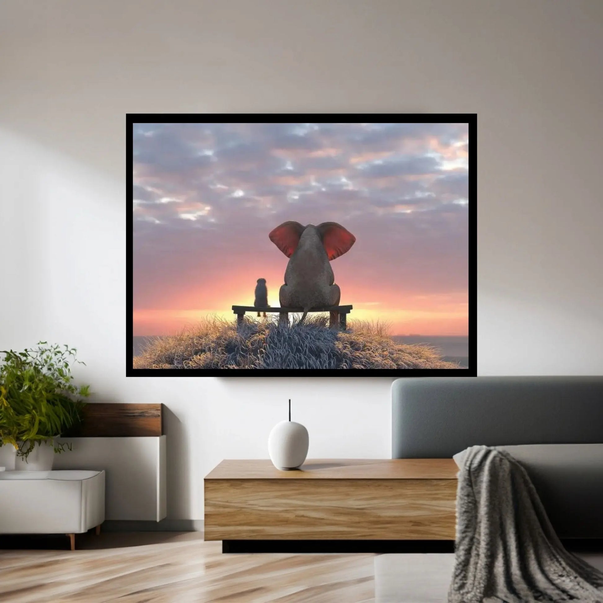 Elephant And Dog Watch The Sunrise On The Seashore Canvas Wall Art - Y Canvas