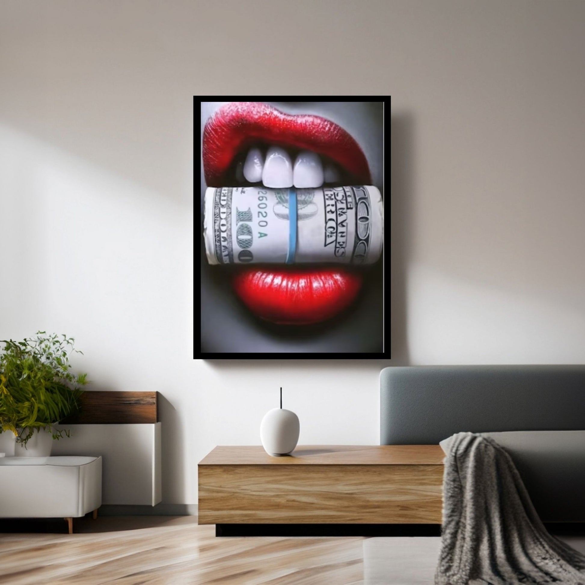 Red Lips Canvas Wall Art, Smoking Woman Room Decor, Money Cigar Between Lips Wall Hangings - Y Canvas