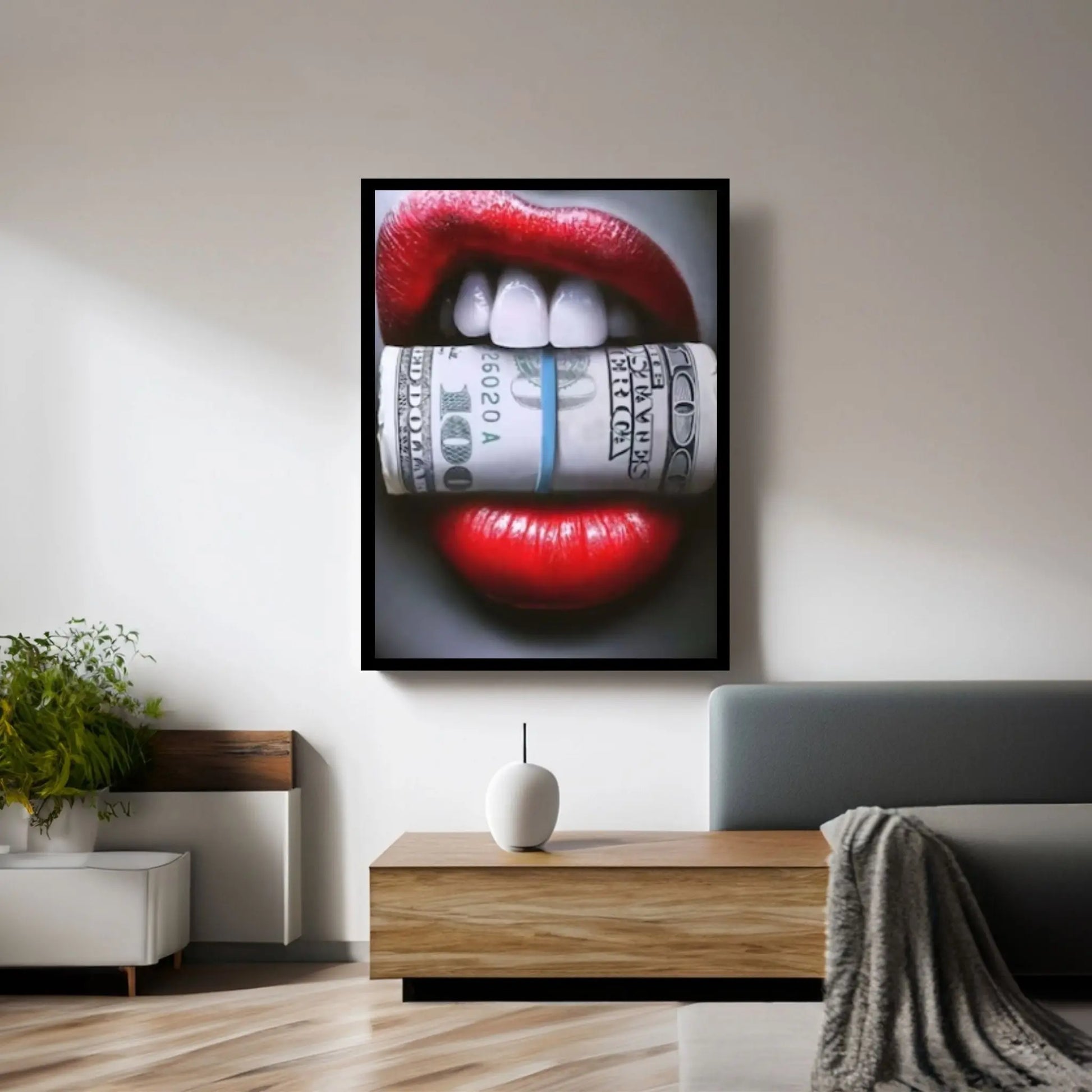 Red Lips Canvas Wall Art, Women Lips Canvas Wall Print, Money Cigar Between Lips Wall Hangings - Y Canvas