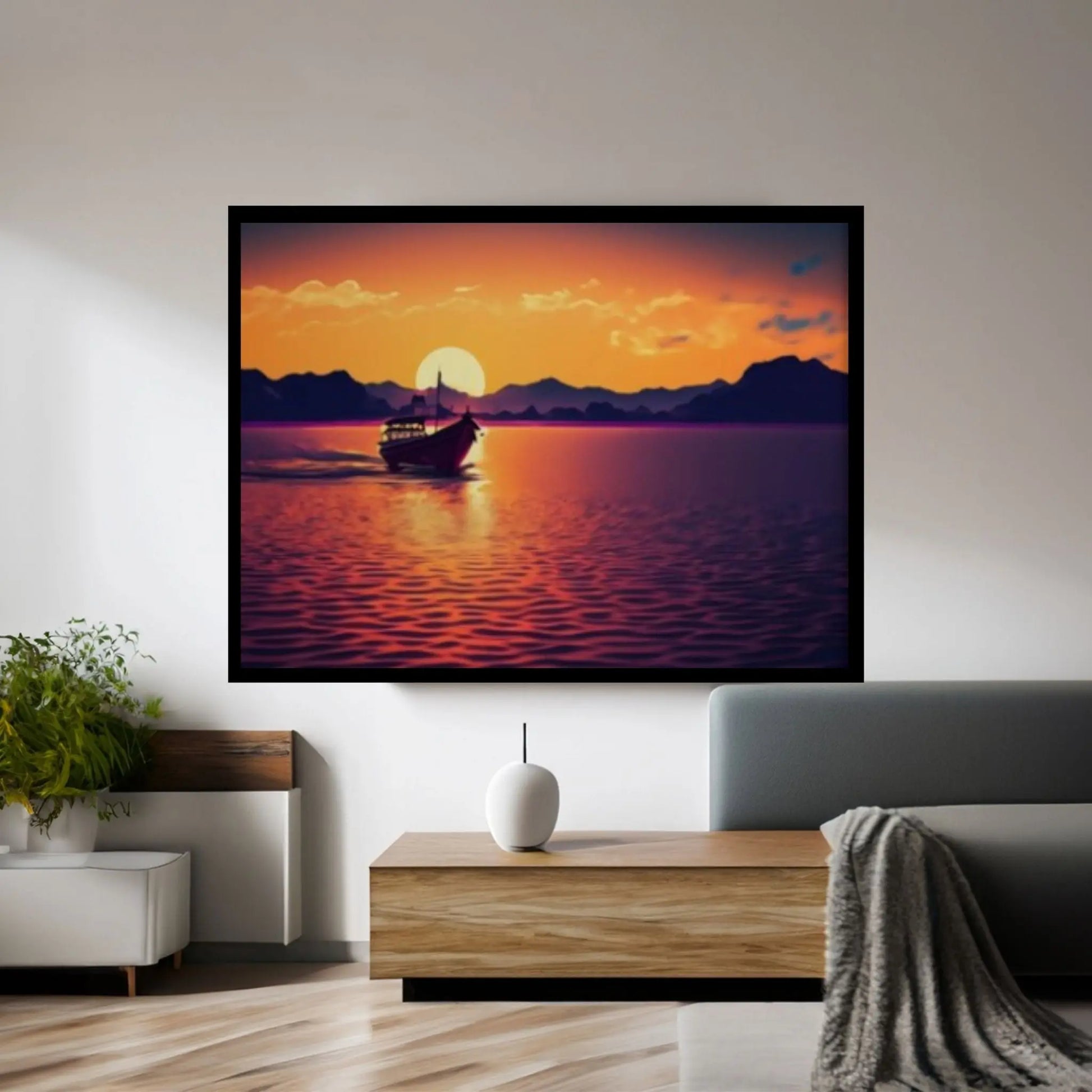 Sunset and Boat Canvas Wall Art, Home Decor Landscape Art Print - Y Canvas