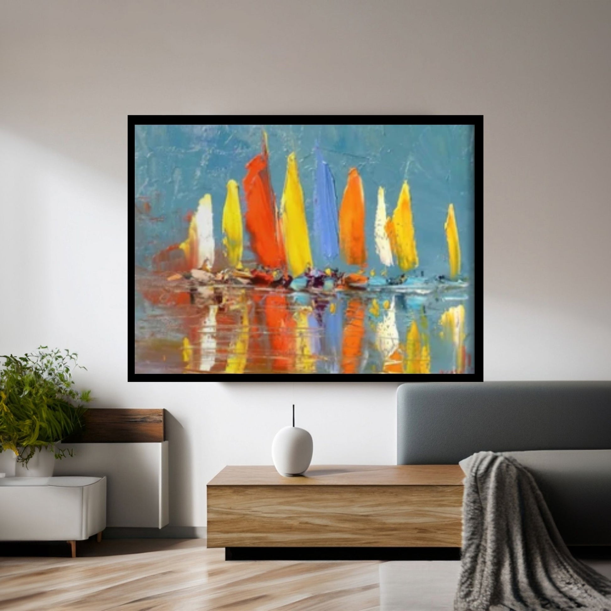 Large Sailboat Party Print Painting On Canvas Colorful Living Room Wall Art, sailboat painting - Y Canvas