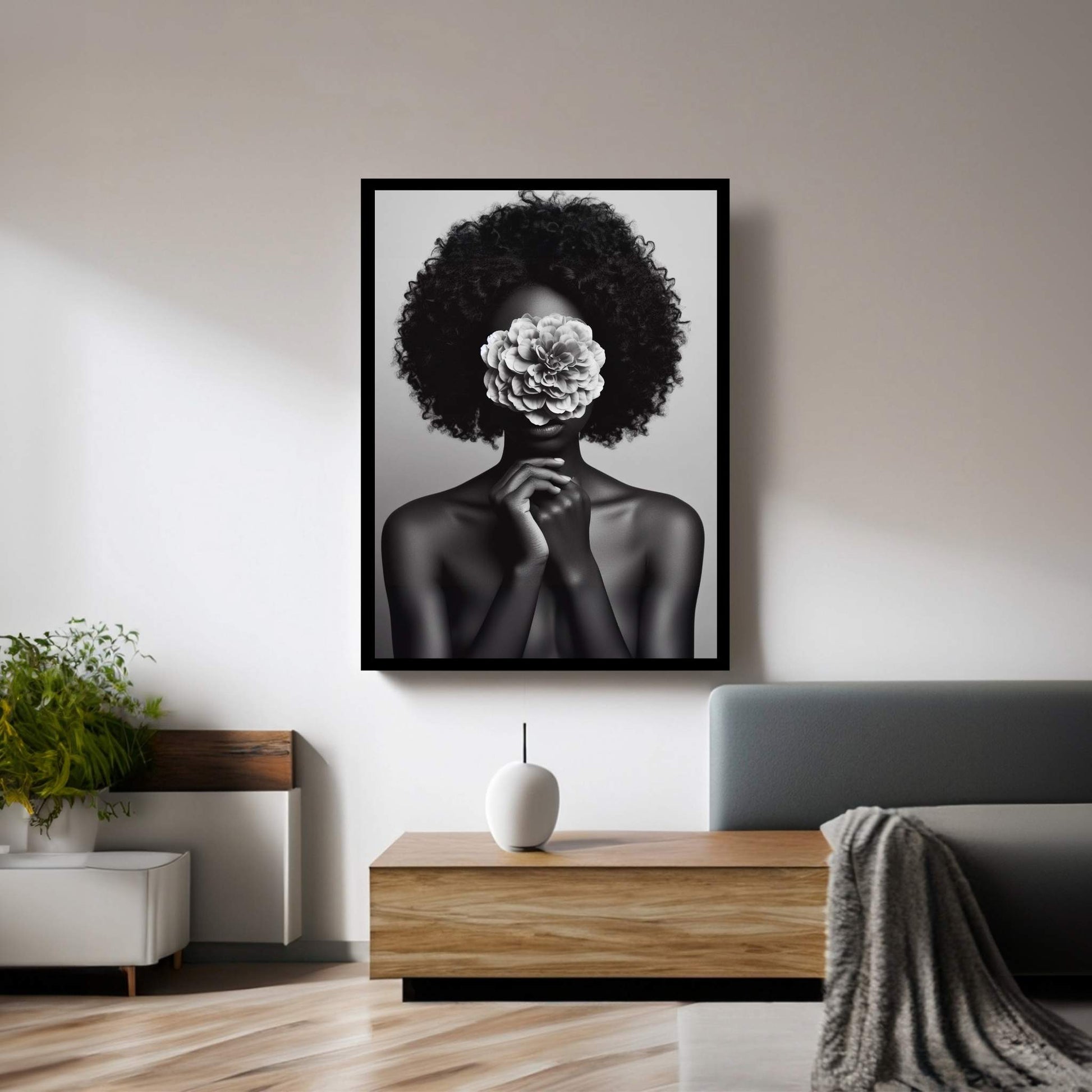 African Black Woman Canvas Flower Portrait Canvas Wall Art - Y Canvas