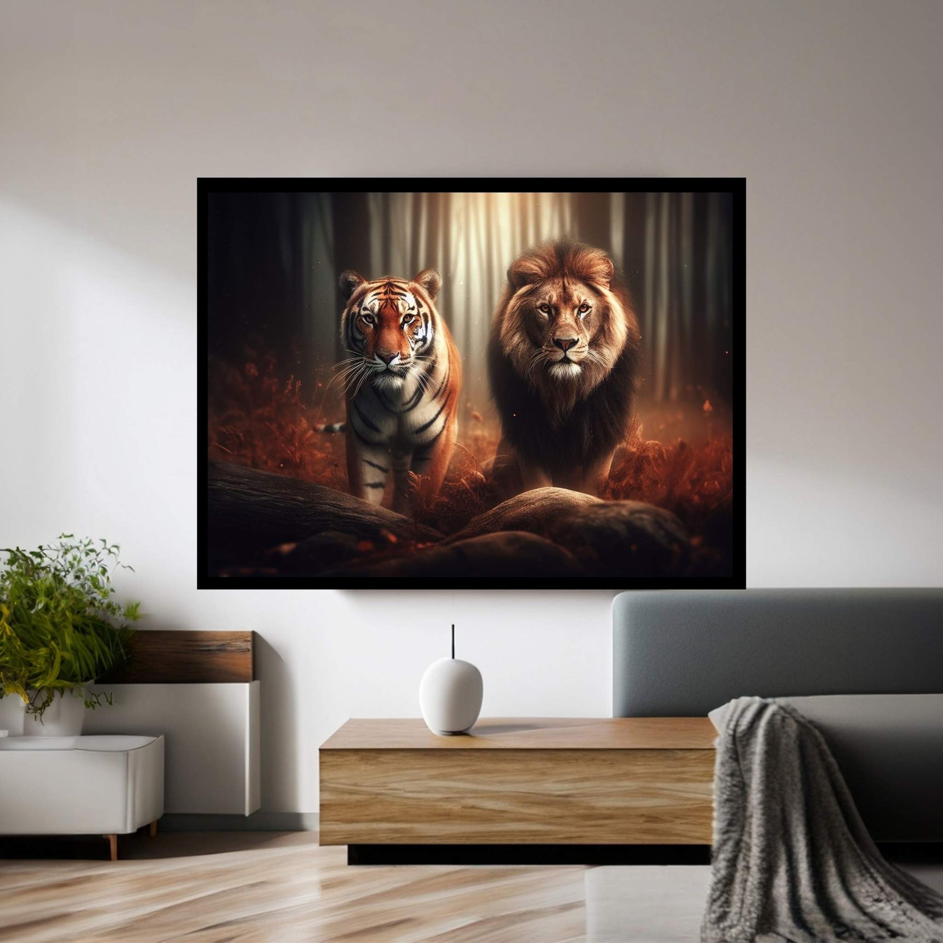 Lion and Tiger Couple Canvas Print Art,Animal Wall Art, Canvas Wall Art - Y Canvas