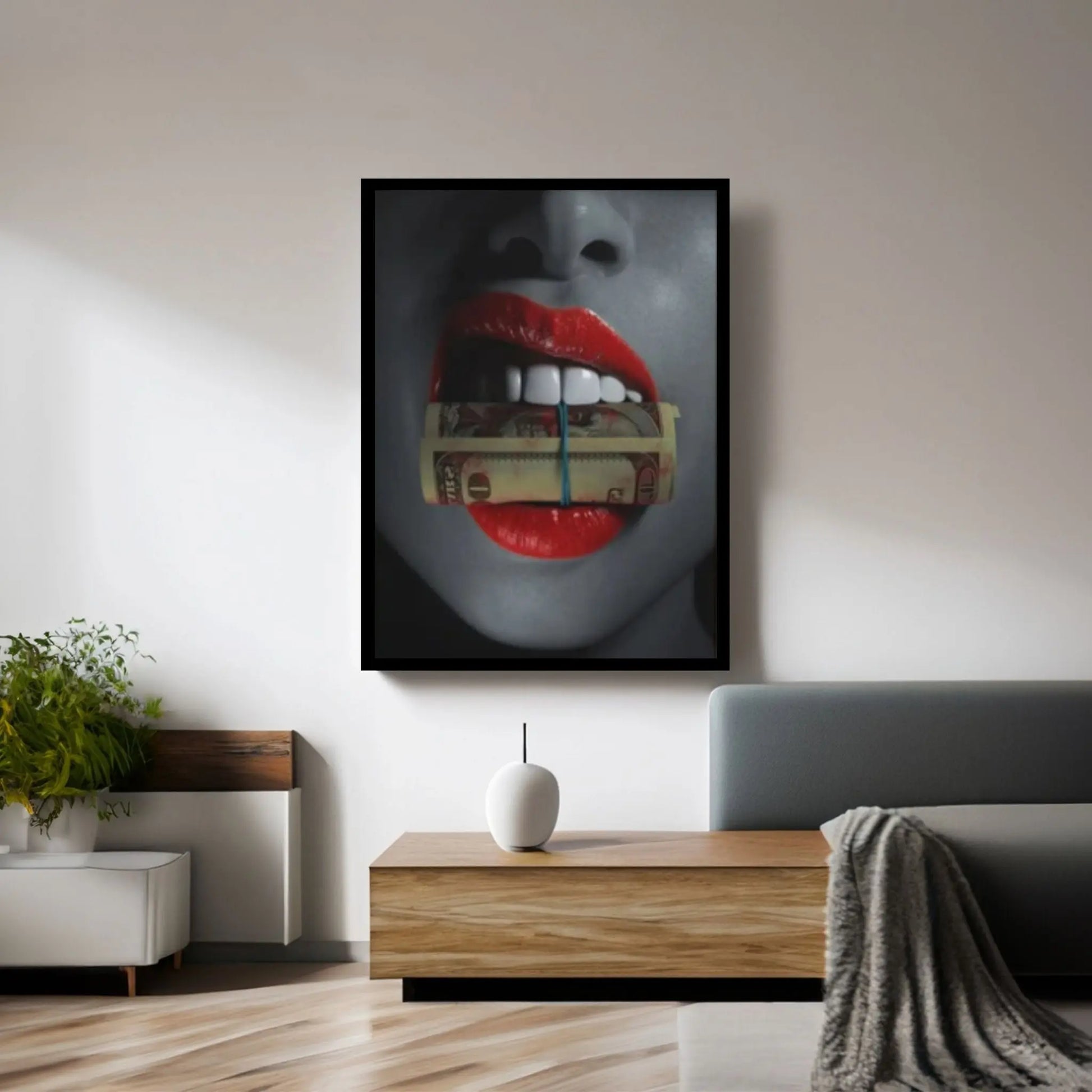 Red Lips Canvas Wall Art, Women Lips Canvas Wall Print, Money Cigar Between Lips Wall Hangings - Y Canvas