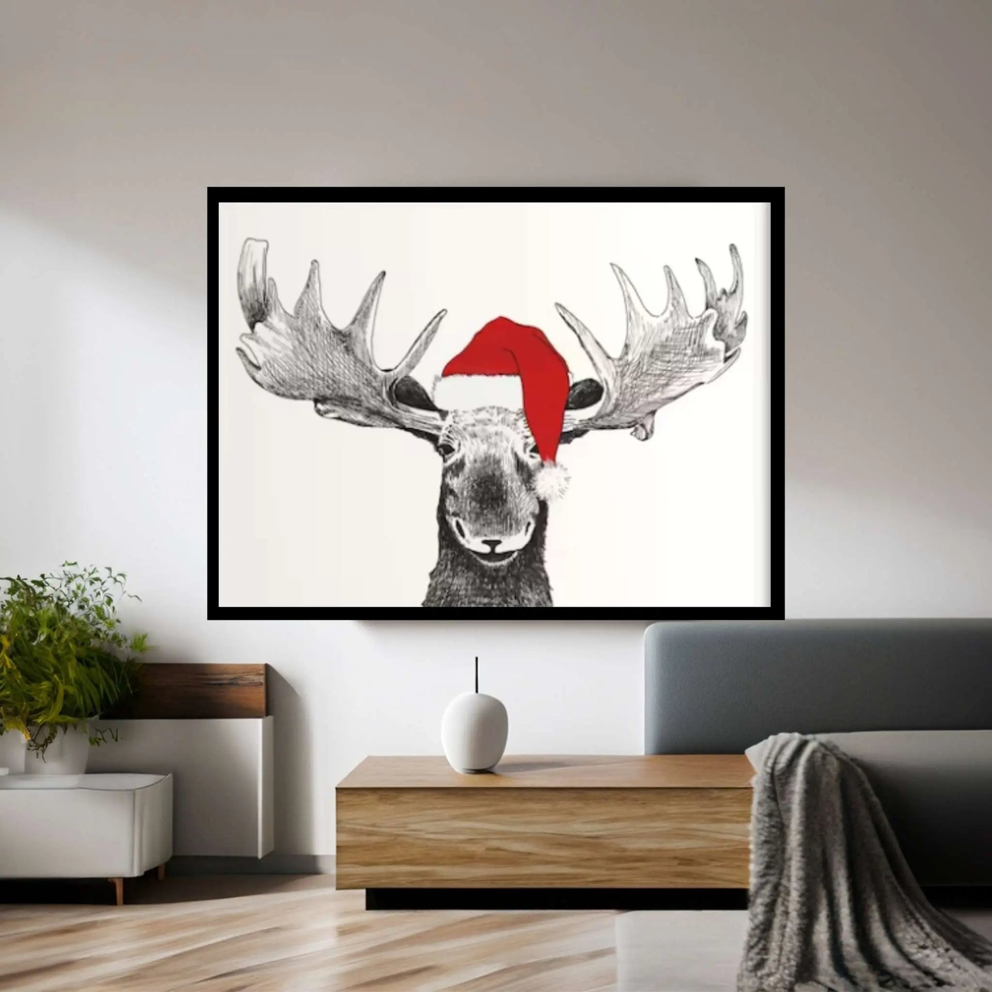 Santa Moose Pine Framed Canvas | Winter Wall Decor | Kids Room Christmas Decor - Y Canvas