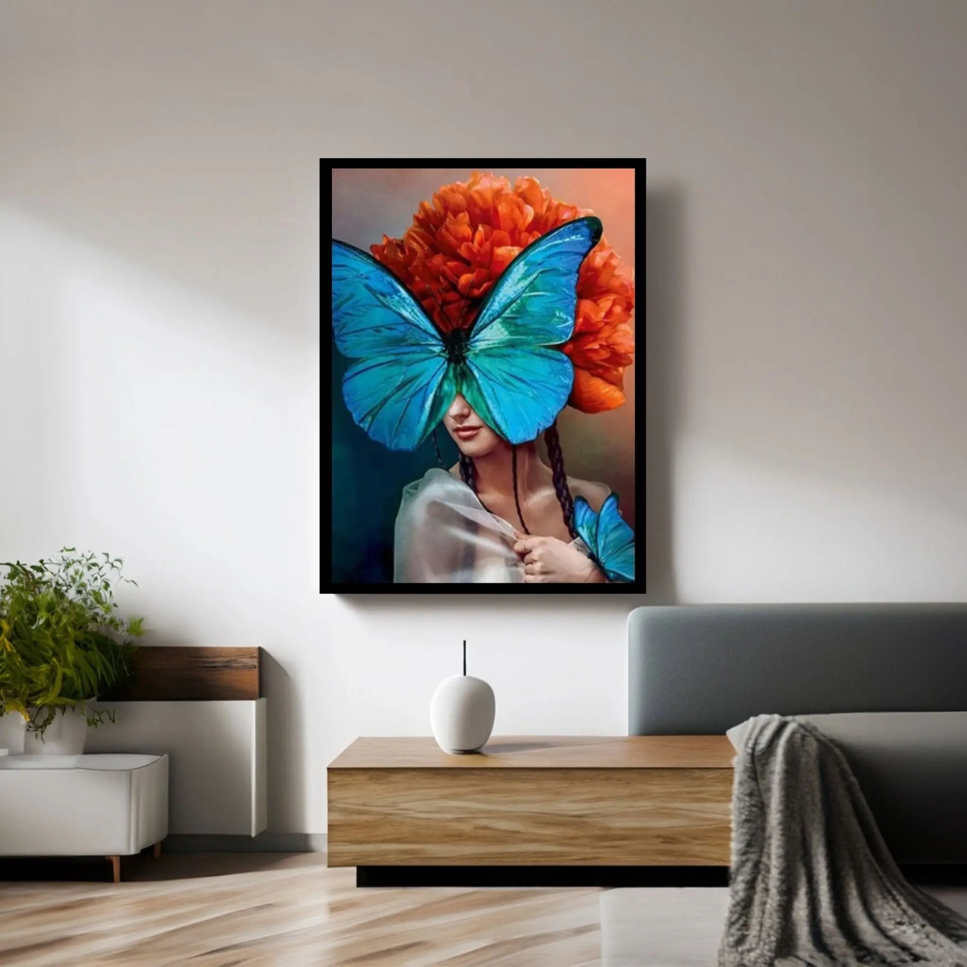 Blue Butterfly and Woman, Canvas Wall Art Print Poster flower woman painting - Y Canvas