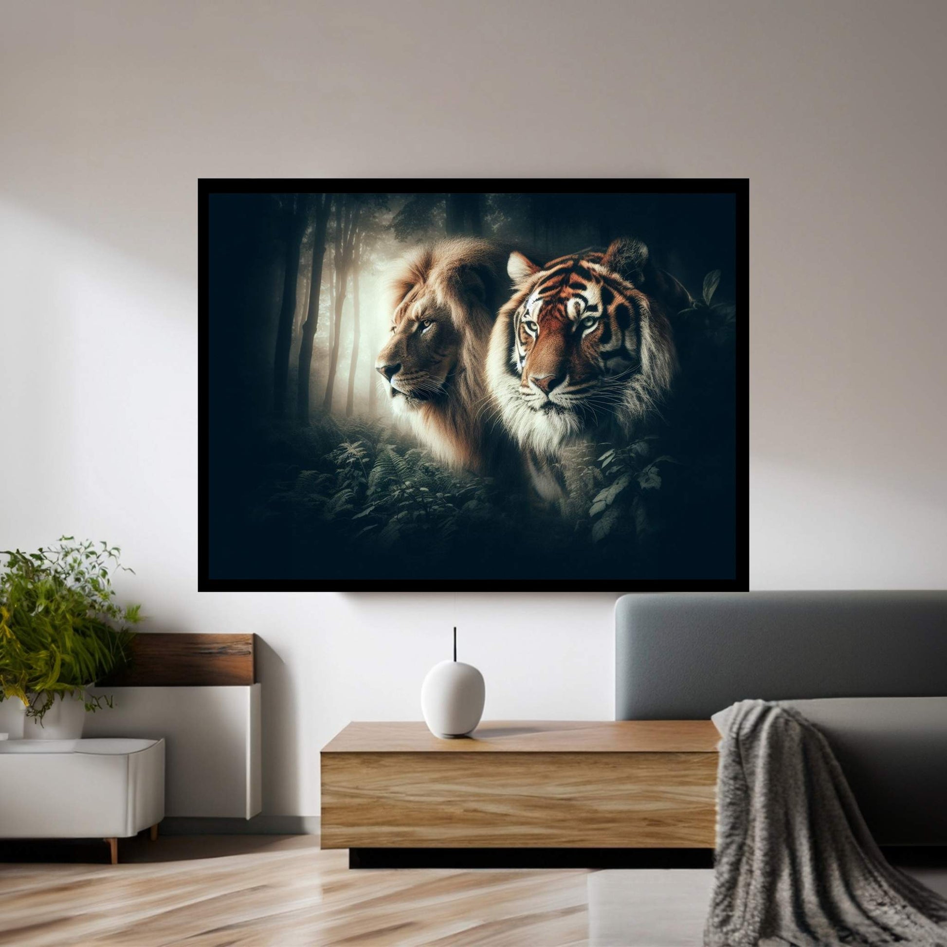 Lion and Tiger Couple Canvas Print Art,Animal Wall Art, Canvas Wall Art - Y Canvas