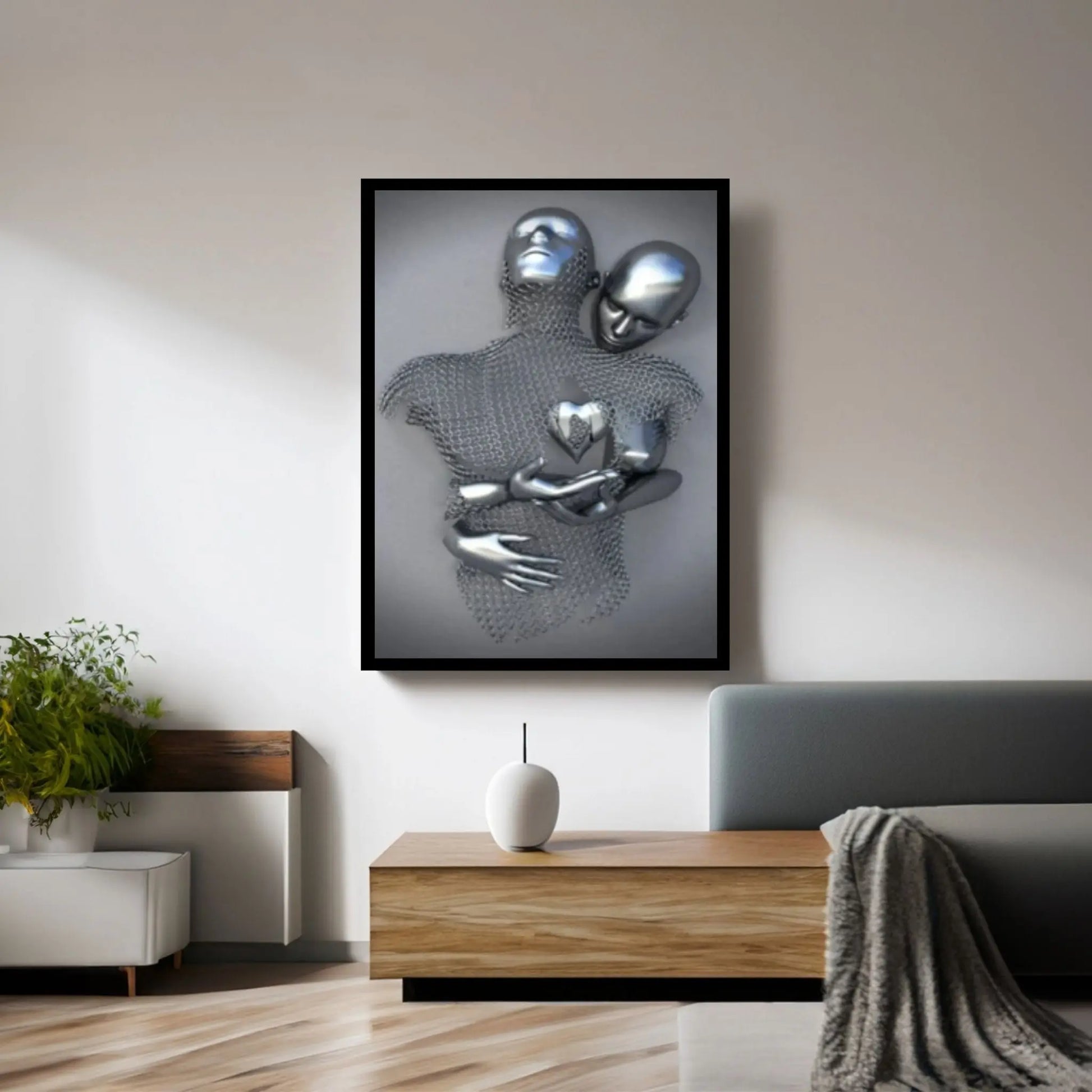 Large Silver Heart Love Couples Canvas Metallic 3D Abstract Living Room Decor Home Decor Wall Art Canvas - Y Canvas
