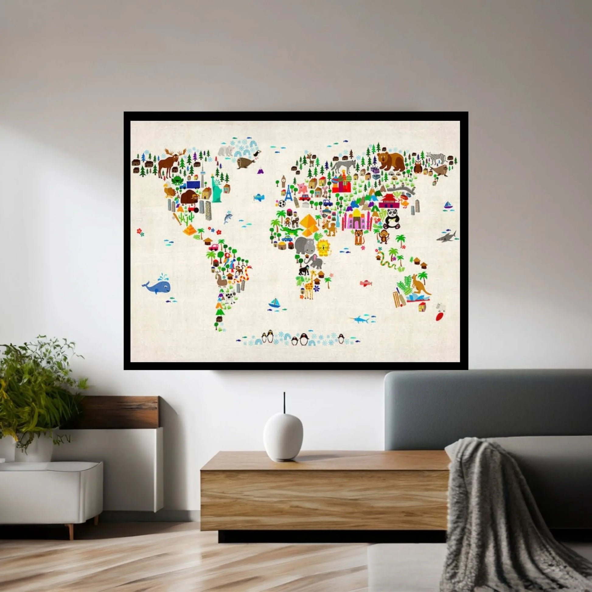 Animal Map of The World Canvas Wall Art - Y Canvas