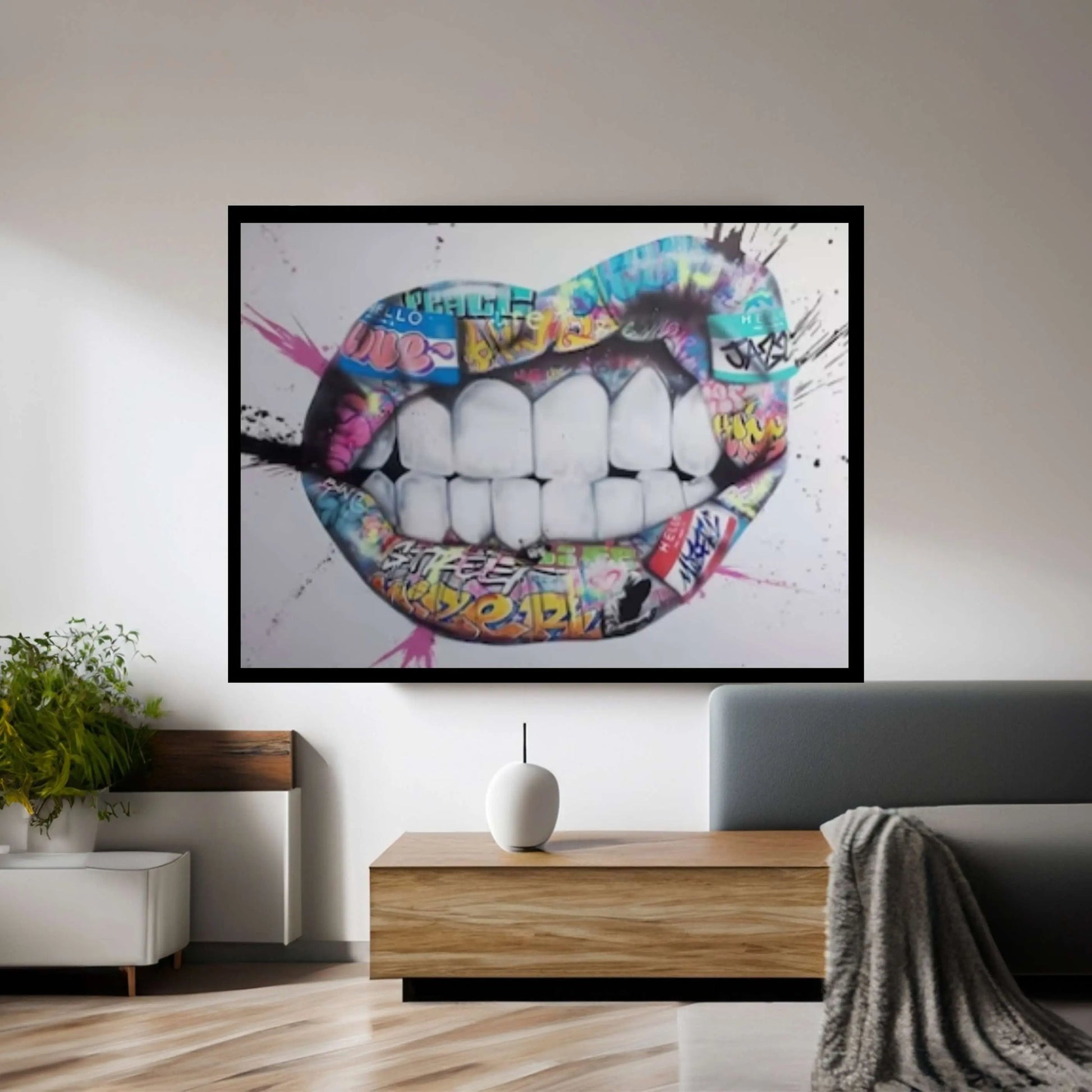 Banksy Poster, Lip and Teeth, Colourful Canvas, Banksy Graffiti Art Print, Woman Graffiti Wall Art, Famous Mural Quote Canvas Wall Art - Y Canvas