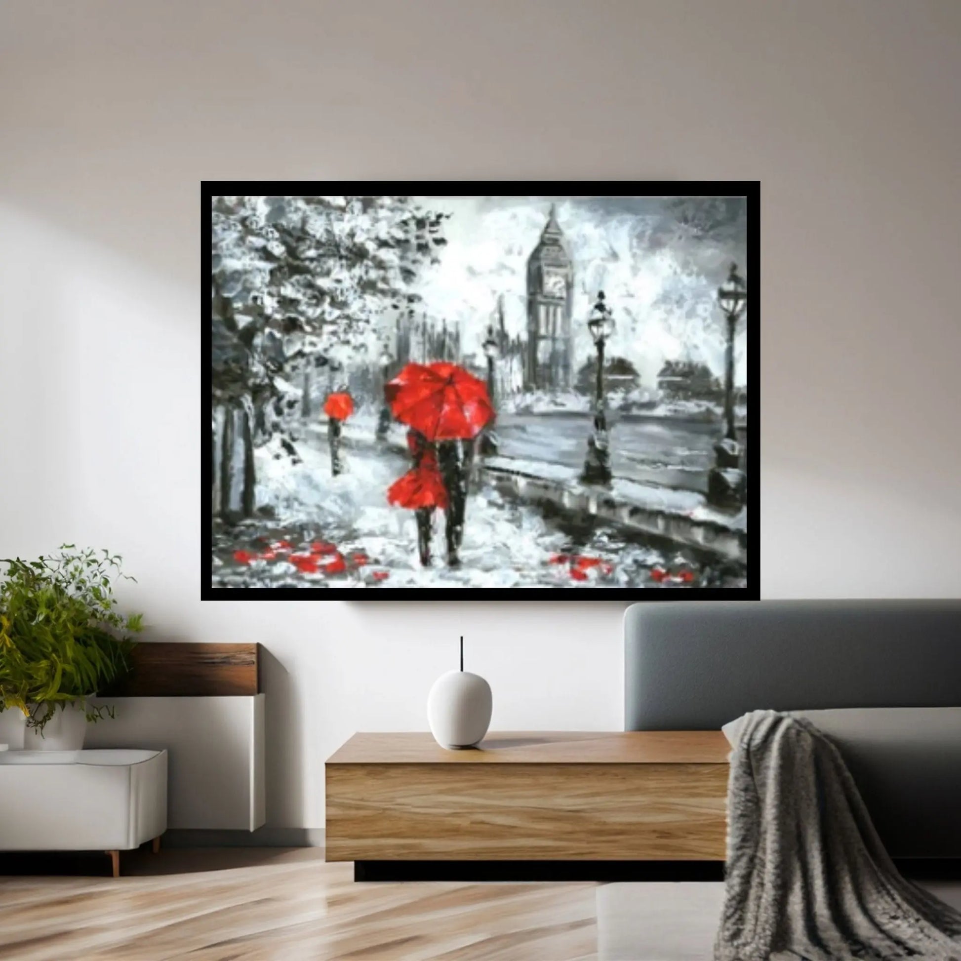 England Bridge illustration Man and woman under red umbrella photo London street Oil painting Canvas Wall Art - Y Canvas