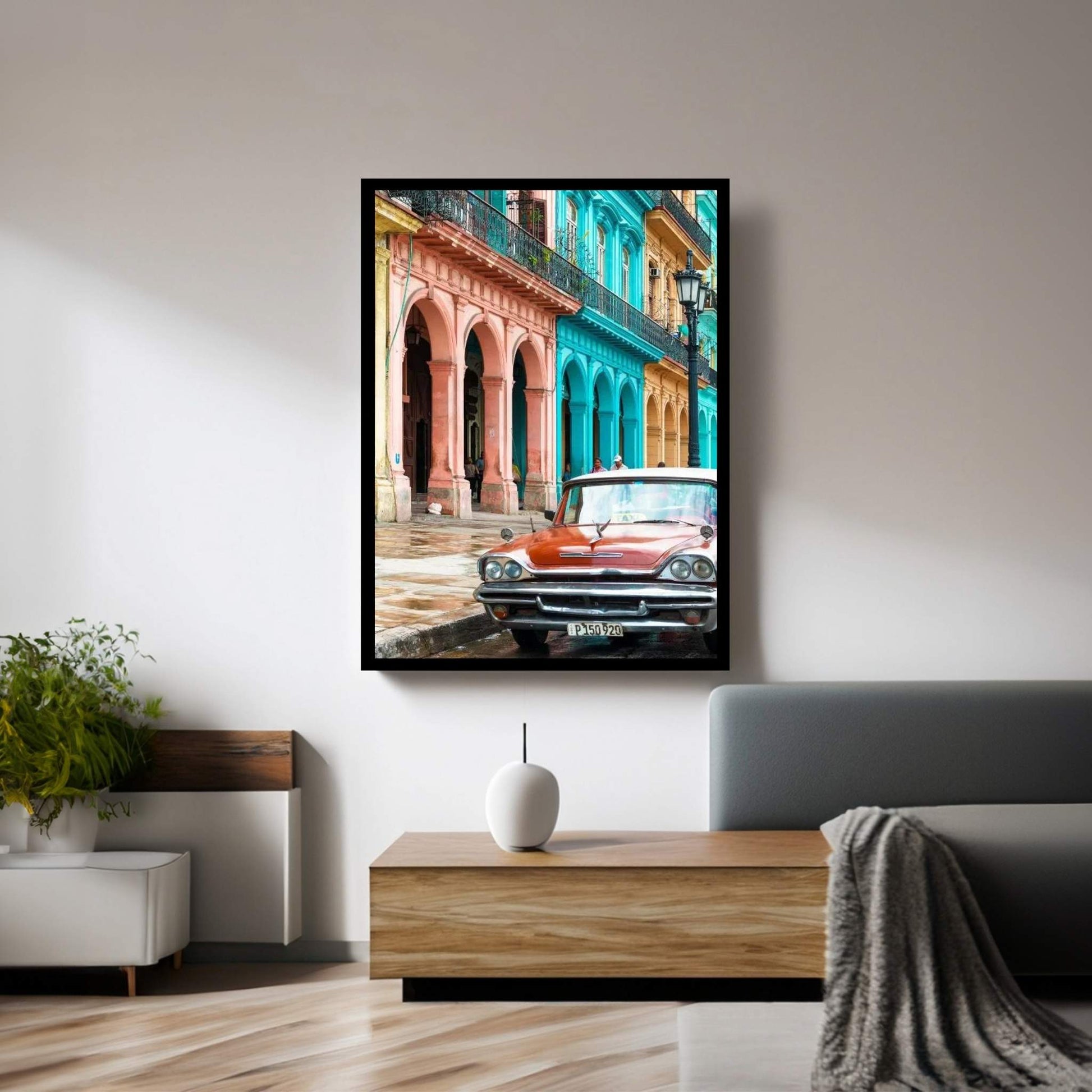 Colorful Buildings and Red Taxi Car Canvas Wall Art - Y Canvas
