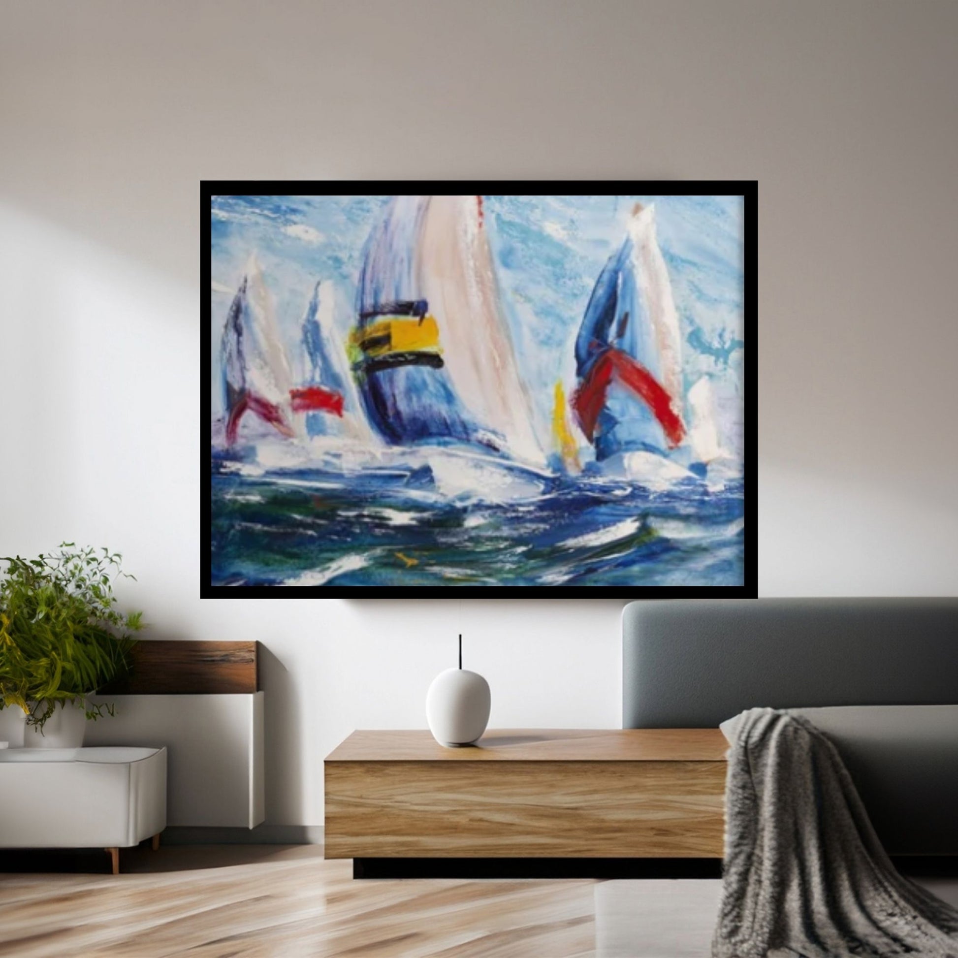 Large Sailboat Party Print Painting On Canvas, Oil Effect Colorful Living Room Wall Art - Y Canvas