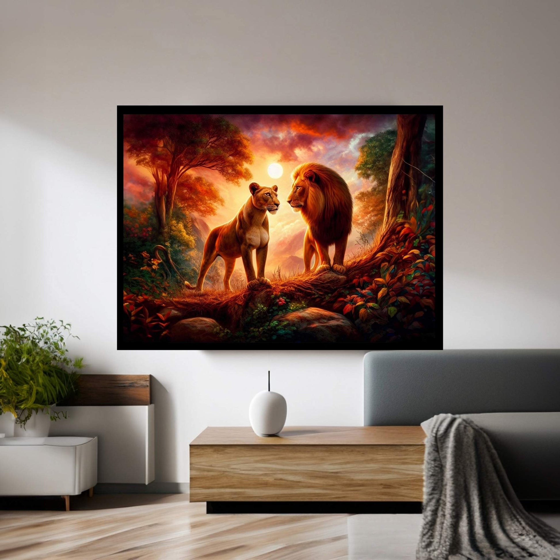 Lion and Tiger Couple Canvas Print Art,Animal Wall Art, Canvas Wall Art - Y Canvas