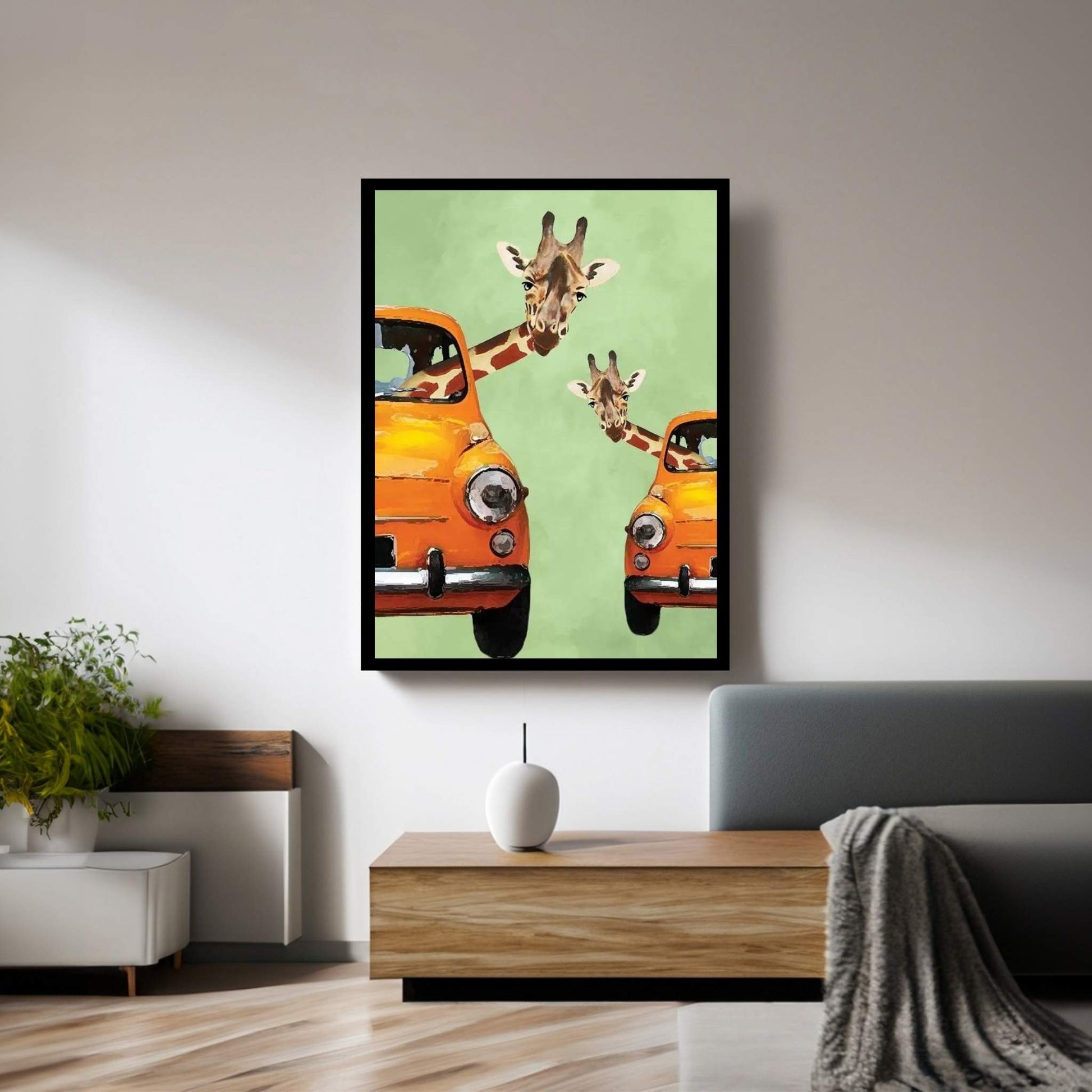 Giraffes In Yellow Cars Canvas Wall Art - Y Canvas