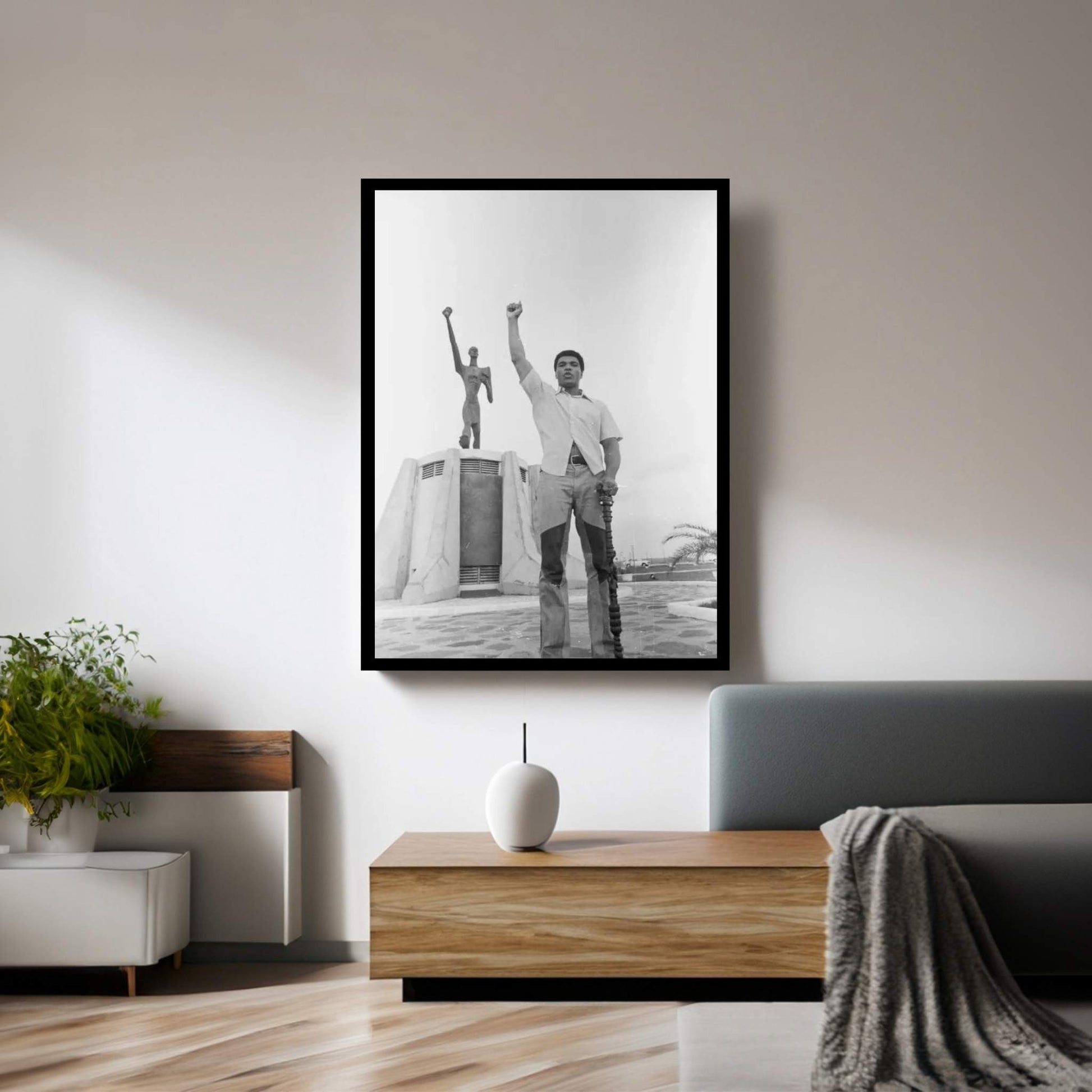 Muhammad Ali Posing In Front Of The Le Militant Statue, Kinshasa, Zaire Canvas Wall Art - Y Canvas