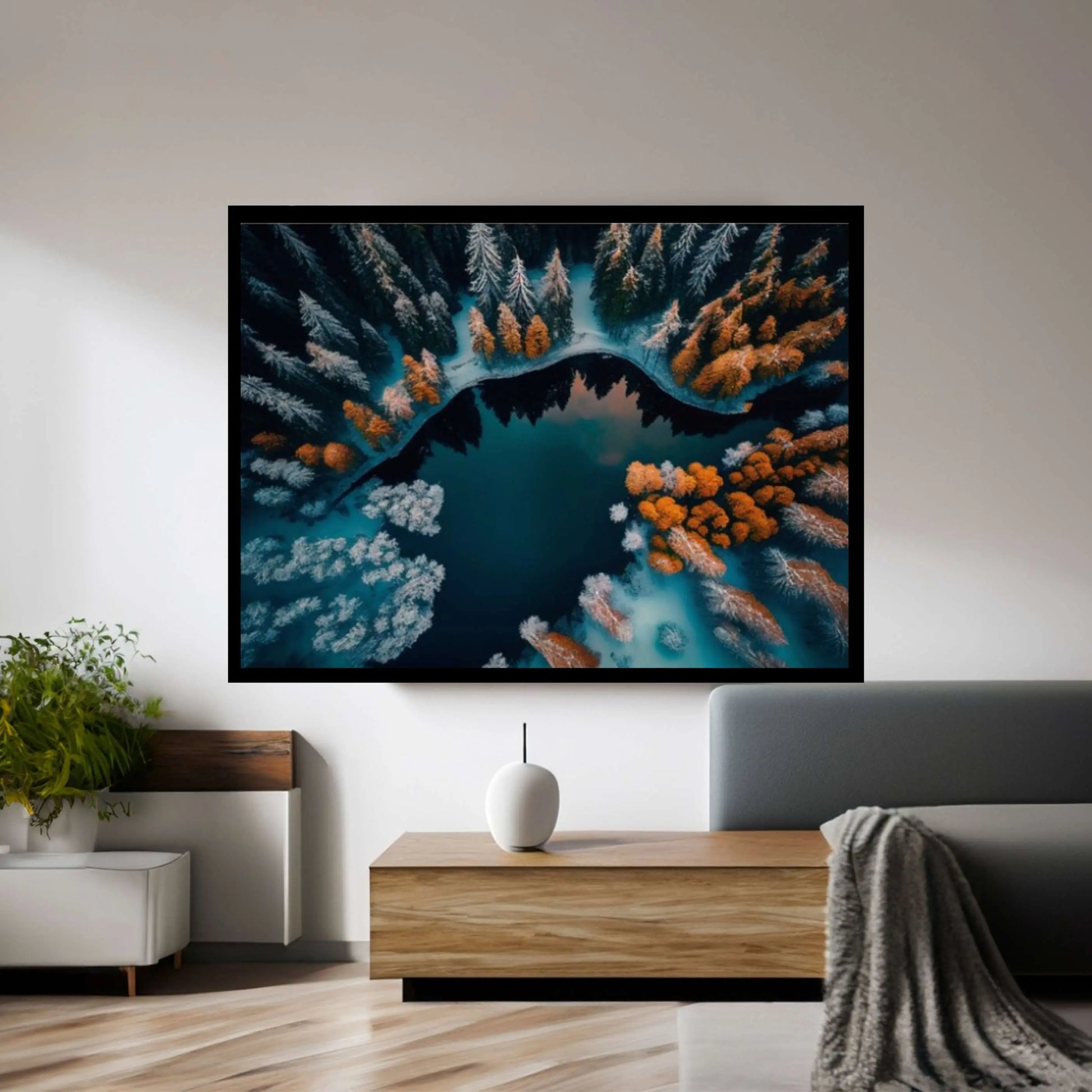 Snowy Pine Forest and Mountain Lake Canvas Wall Art - Y Canvas