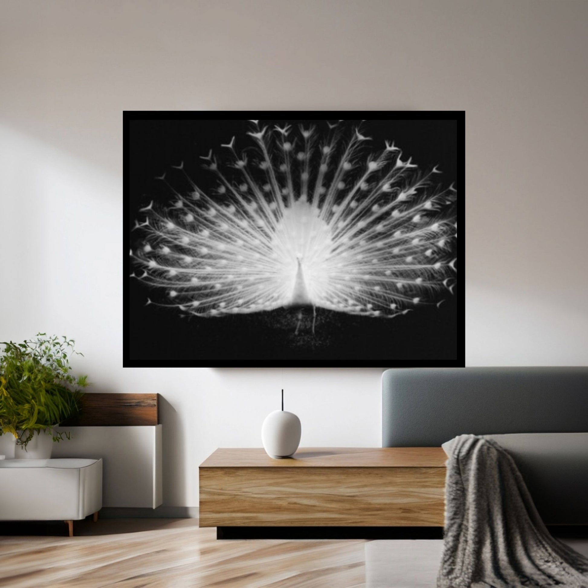Peacock Black - White on Canvas, Office Decor Wall Art - Y Canvas