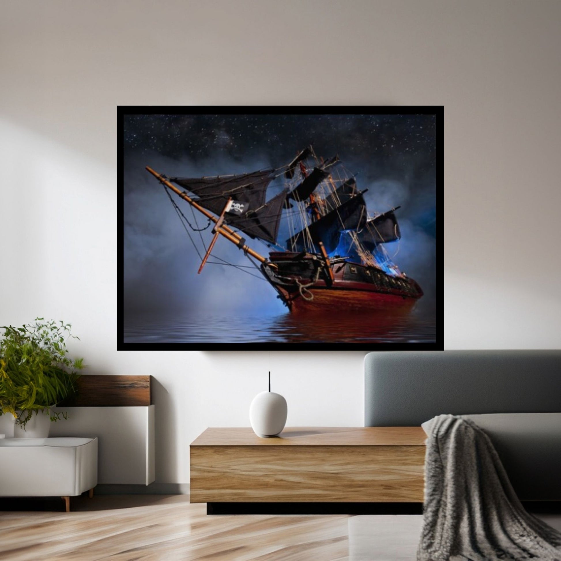 Large Dark Sea Pirates Ship Canvas Wall Art, Pirates Canvas Wall Print, Corsair on Sea Wall Hangings - Y Canvas