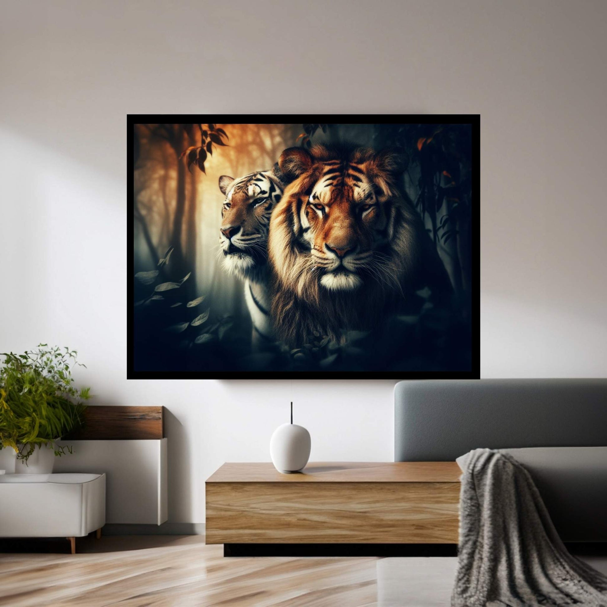Lion and Tiger Couple Canvas Print Art,Animal Wall Art, Canvas Wall Art - Y Canvas