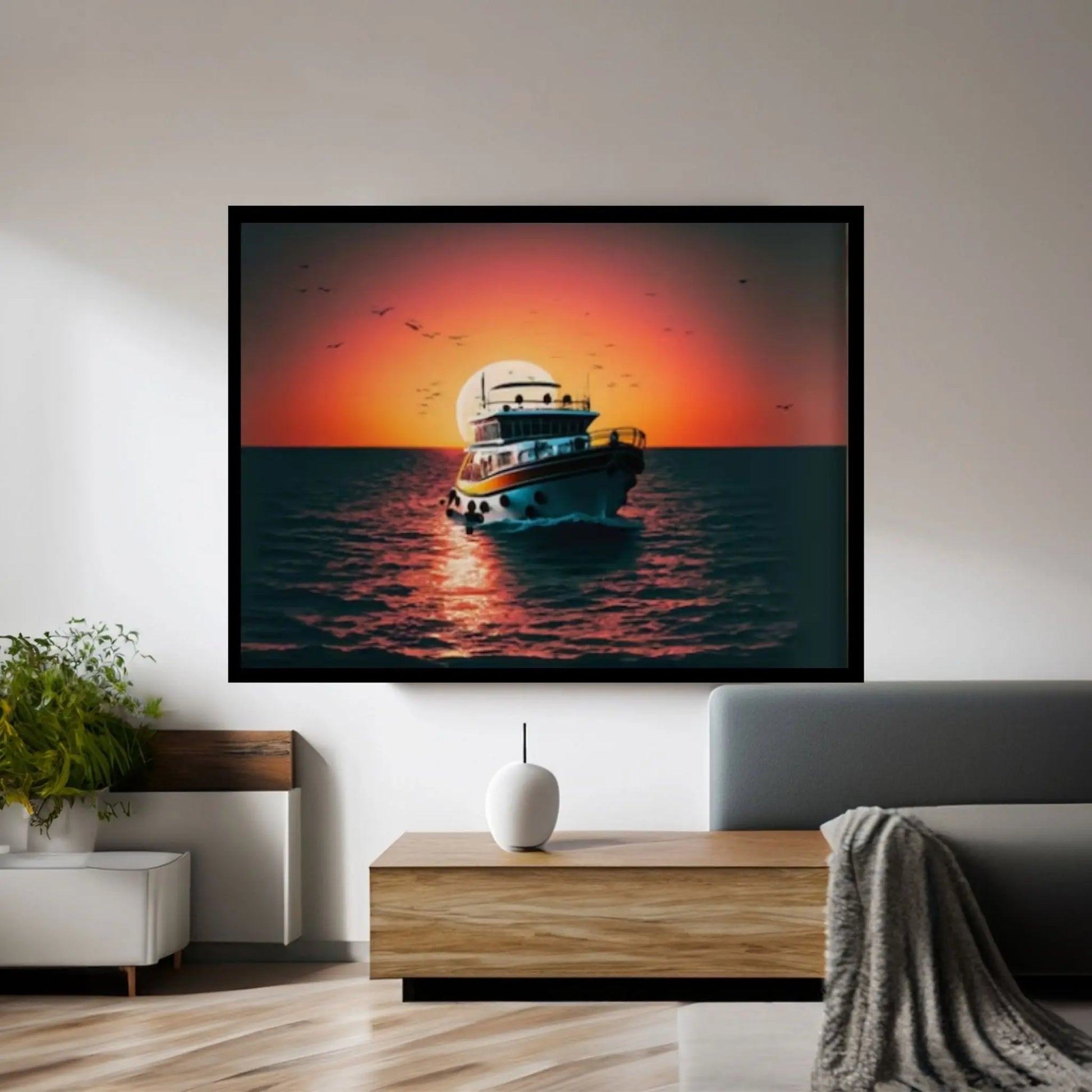 Sunset and Boat Canvas Wall Art, Home Decor Landscape Art Print - Y Canvas