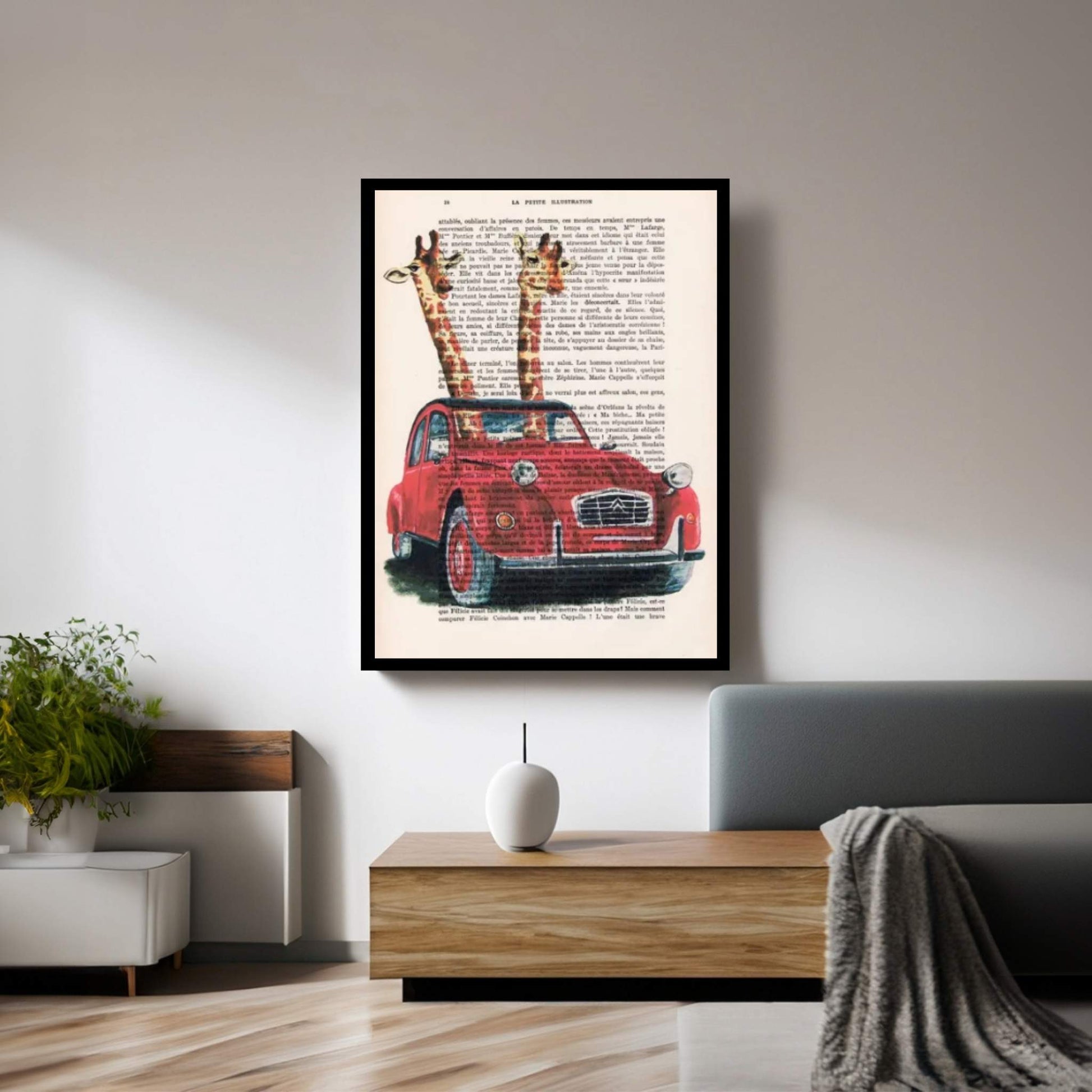 Giraffes In French Red Car Canvas Wall Art - Y Canvas