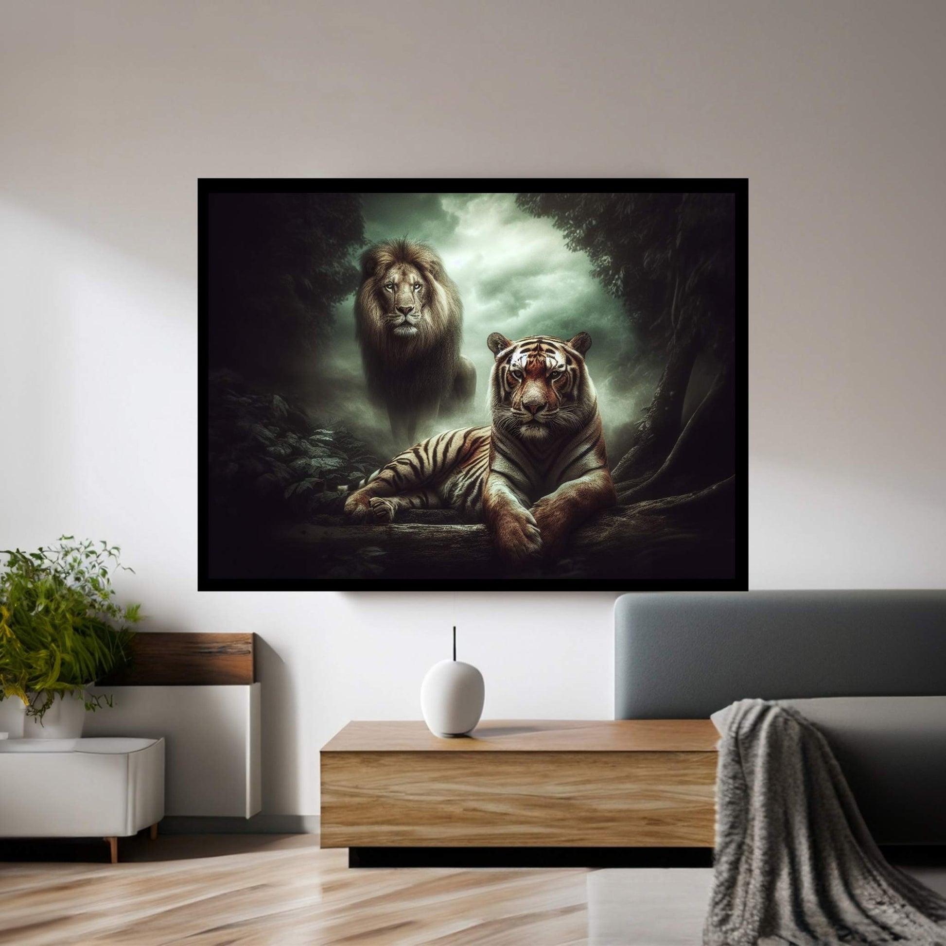 Lion and Tiger Couple Canvas Print Art,Animal Wall Art, Canvas Wall Art - Y Canvas