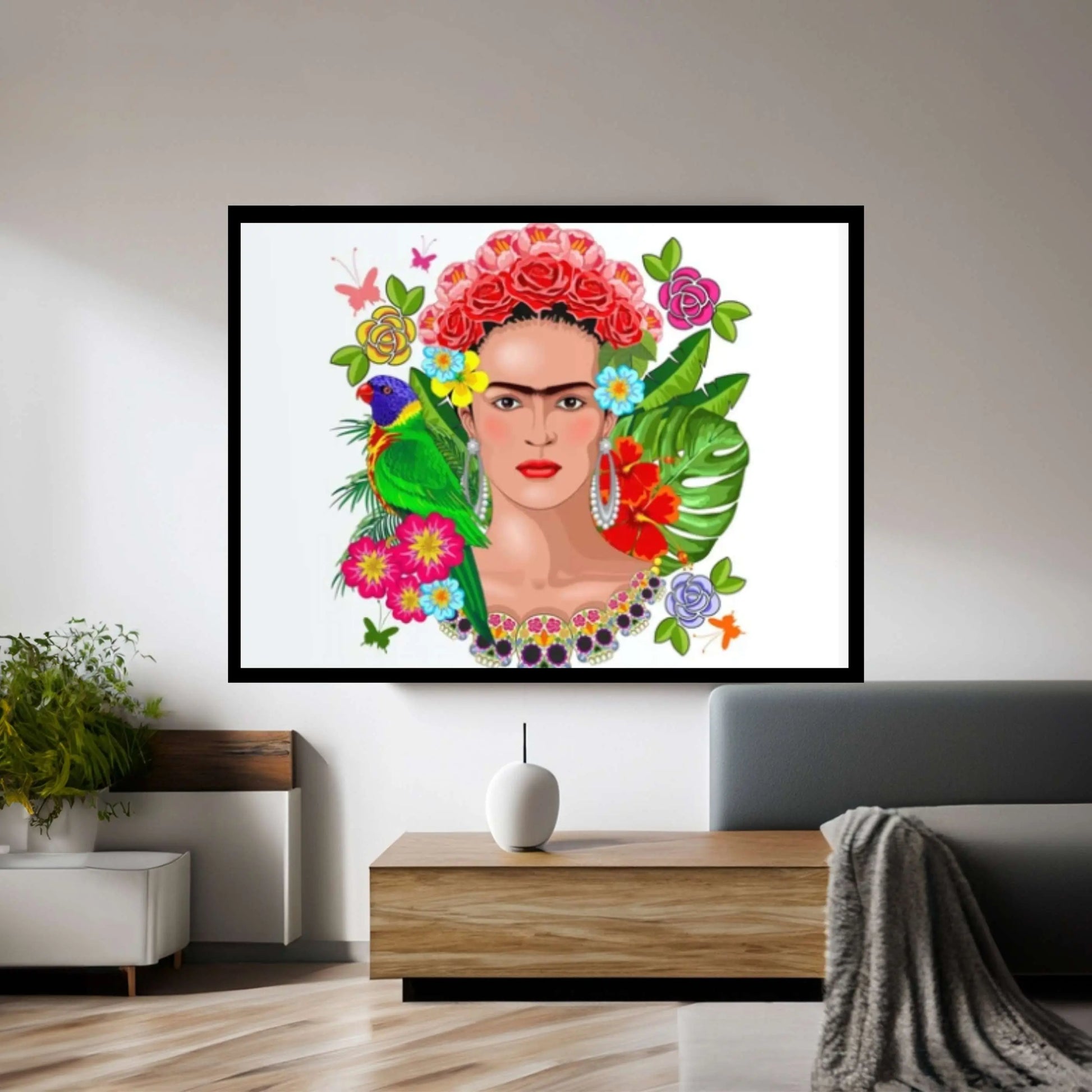 Frida Kahlo Art Canvas Wall Art -Poster/Printed Picture Wall Art Holding a Cup of Tea & Cigarette Decoration - Y Canvas