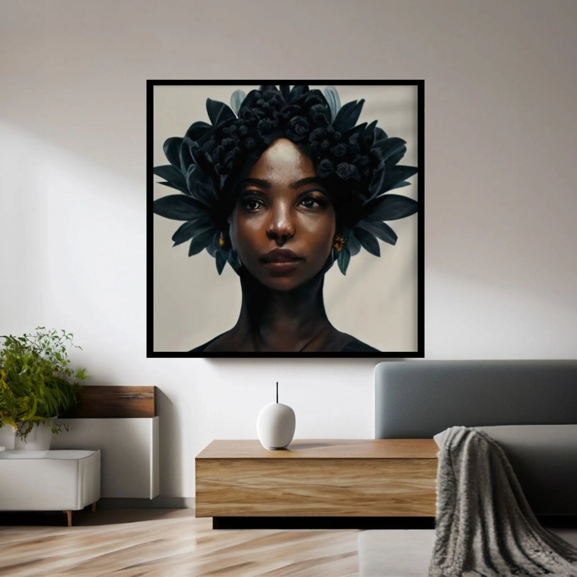 Black woman head flowers Canvas wall art,Black art, Black girl print, flower woman painting, Girl Flowers Poster - Y Canvas